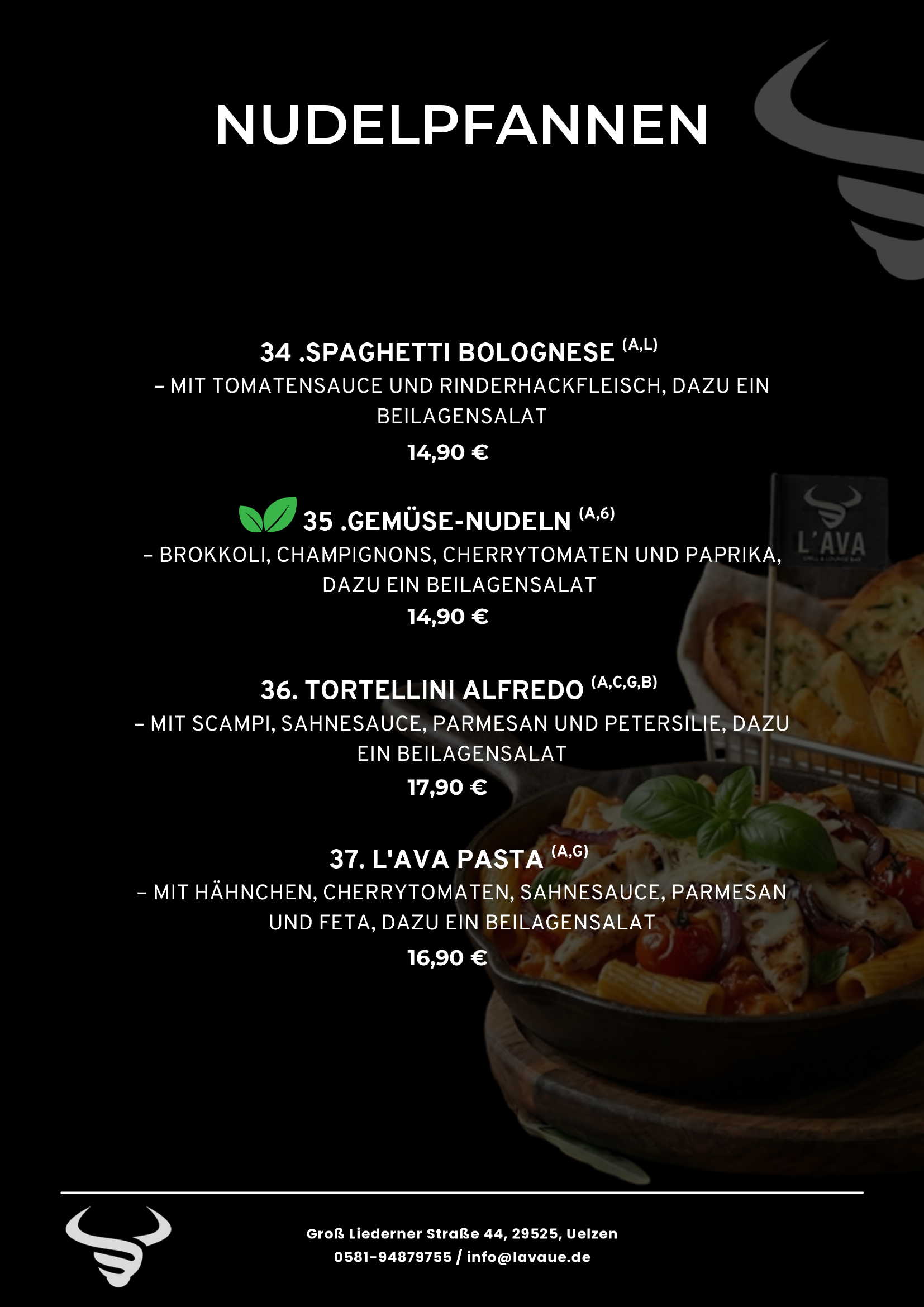 Menükarte mit verschiedenen italienischen Gerichten wie Spaghetti Bolognese, Gemüse-Nudeln, Tortellini Alfredo und L'Ava Pasta, inklusive Preisen.