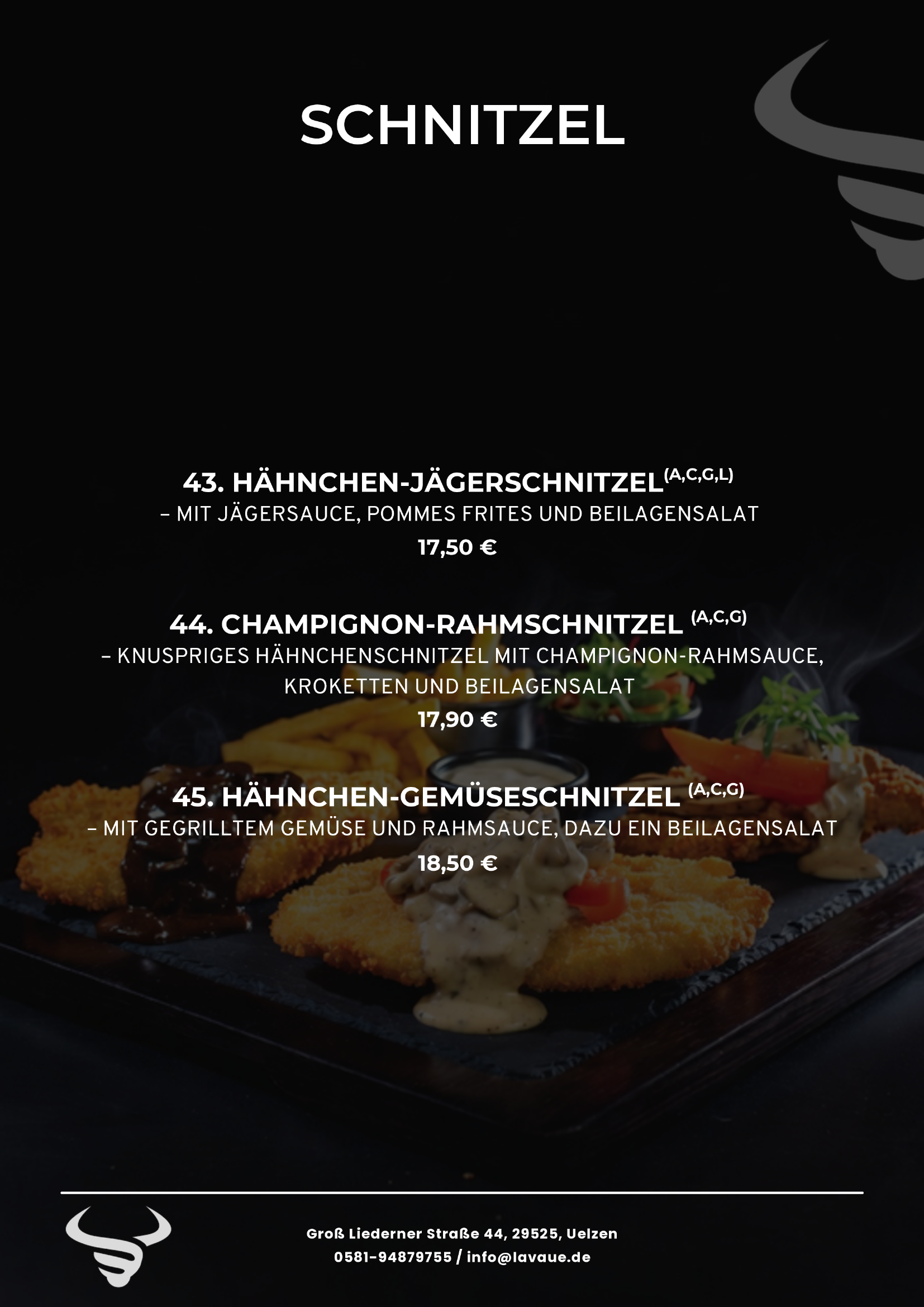 Menü mit verschiedenen Schnitzelgerichten, darunter Hähnchen-Jägerschnitzel, Champignon-Rahmschnitzel, Hähnchen-Gemüseschnitzel, Begrüßungstext und Kontaktdaten der Gaststätte.