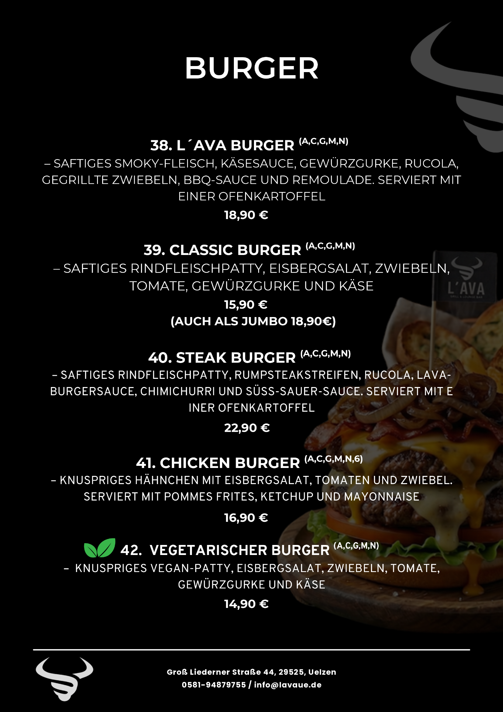 Menükarte mit verschiedenen Burger-Optionen, einschließlich L'AVA Burger, Classic Burger, Steak Burger, Chicken Burger und vegetarischer Burger, jeweils mit Beschreibungen und Preisen.