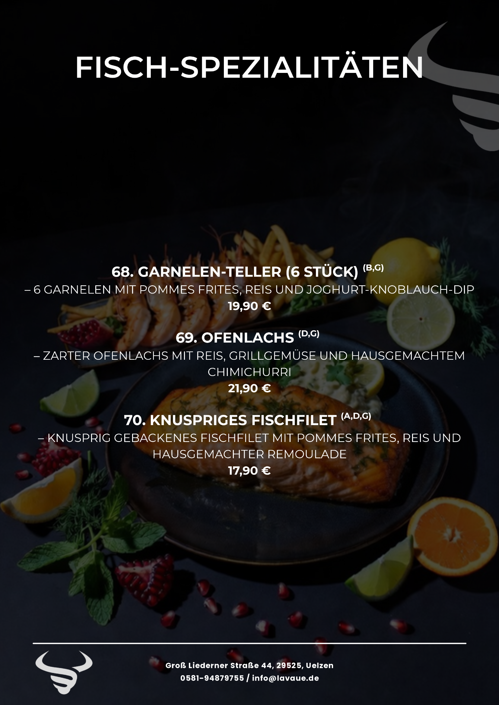 Speisekarte mit Fischgerichten, darunter Garnelen-Teller, Ofenlachs und Knuspriger Fischfilet, jeweils mit Beilagen und Preisen.