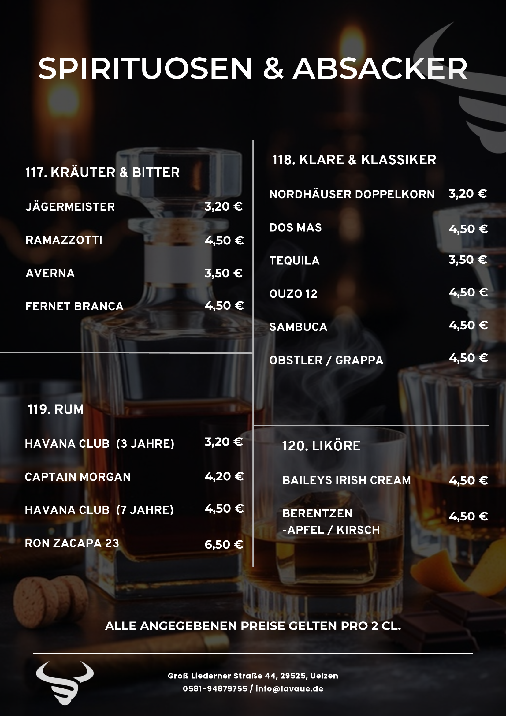 Speisekarte für Spirituosen und Absacker mit Preisen in Euro, darunter Marken wie Jägermeister, Ramazzotti, Averno, Fernet Branca, Ron Zapata 23, Captain Morgan, Havana Club, Klare und Klassiker, darunter Nordhäuser Doppelkopf, Dos Mas, Tequila, Ouzo