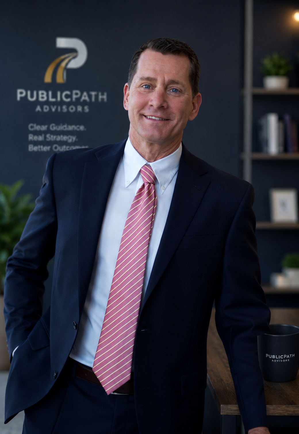 A professional man in a suit and pink striped tie standing in an office. Behind him is a wall with a logo and text: 'PublicPath Advisors,' along with the words 'Clear Guidance. Real Strategy. Better Outcomes.' He is smiling with one hand on a wooden desk, which has a black mug with the same logo.