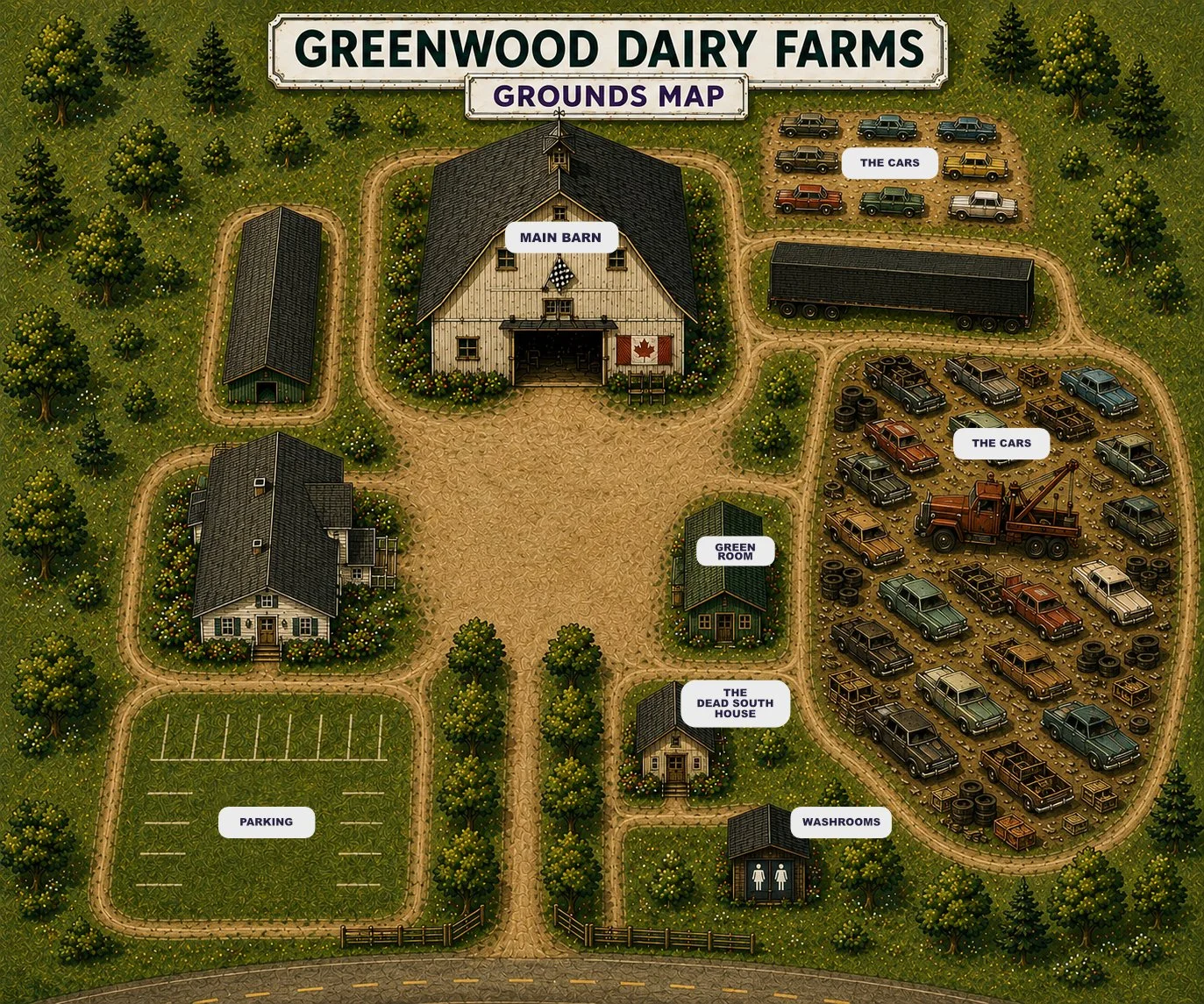 Map of Greenwood Dairy Farms with labeled buildings and areas, including Main Barn, Green Room, Dead South House, Washrooms, Parking, and areas for cars and trucks. The farm is surrounded by trees and roads.