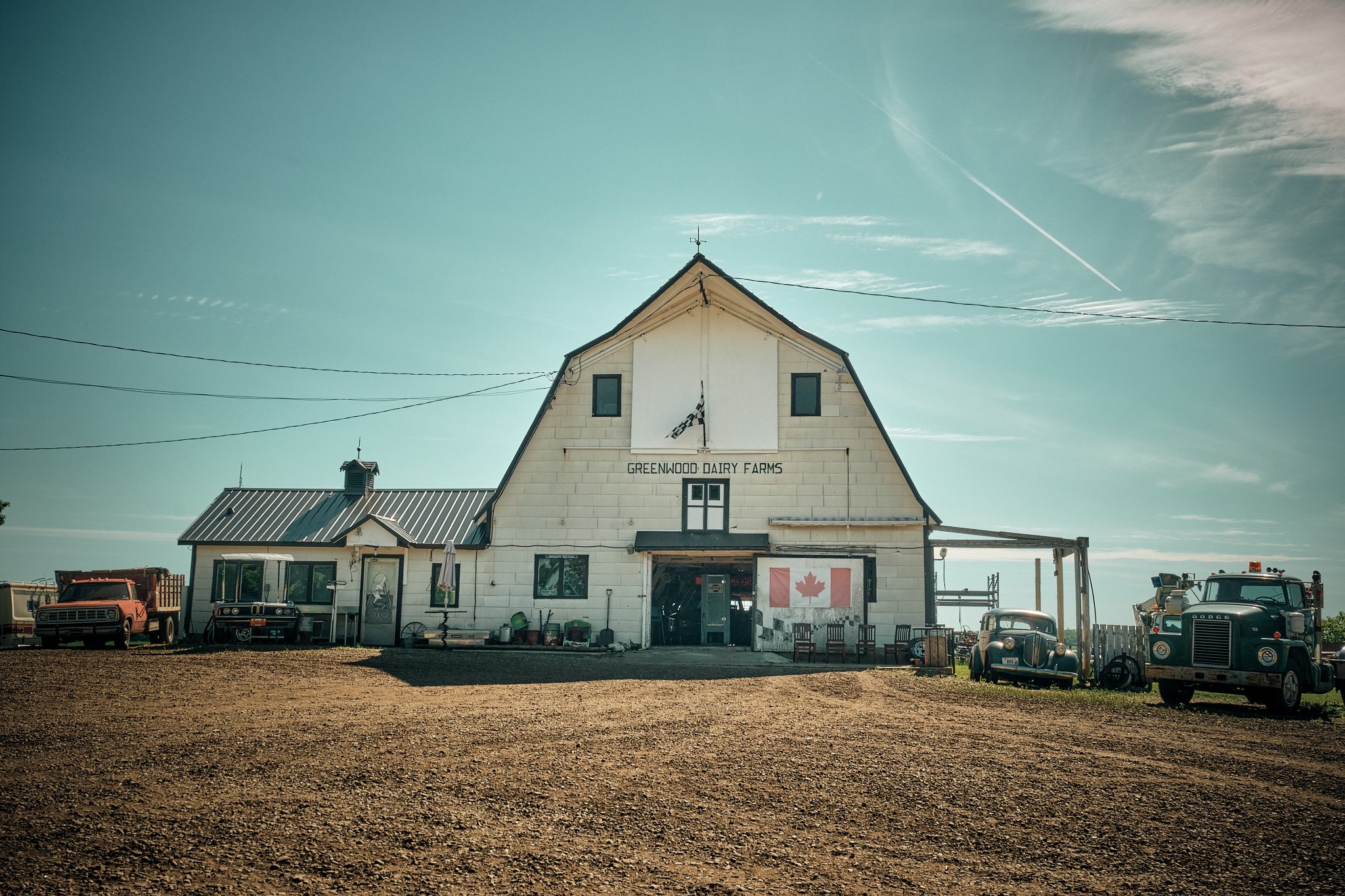 A large white barn with a sign that reads 'Greenwood Dairy Farms' and a Canadian flag hanging beneath it. Several vintage vehicles and farm equipment are parked in front of the barn, with a clear sky overhead. The scene suggests a rural dairy farm se