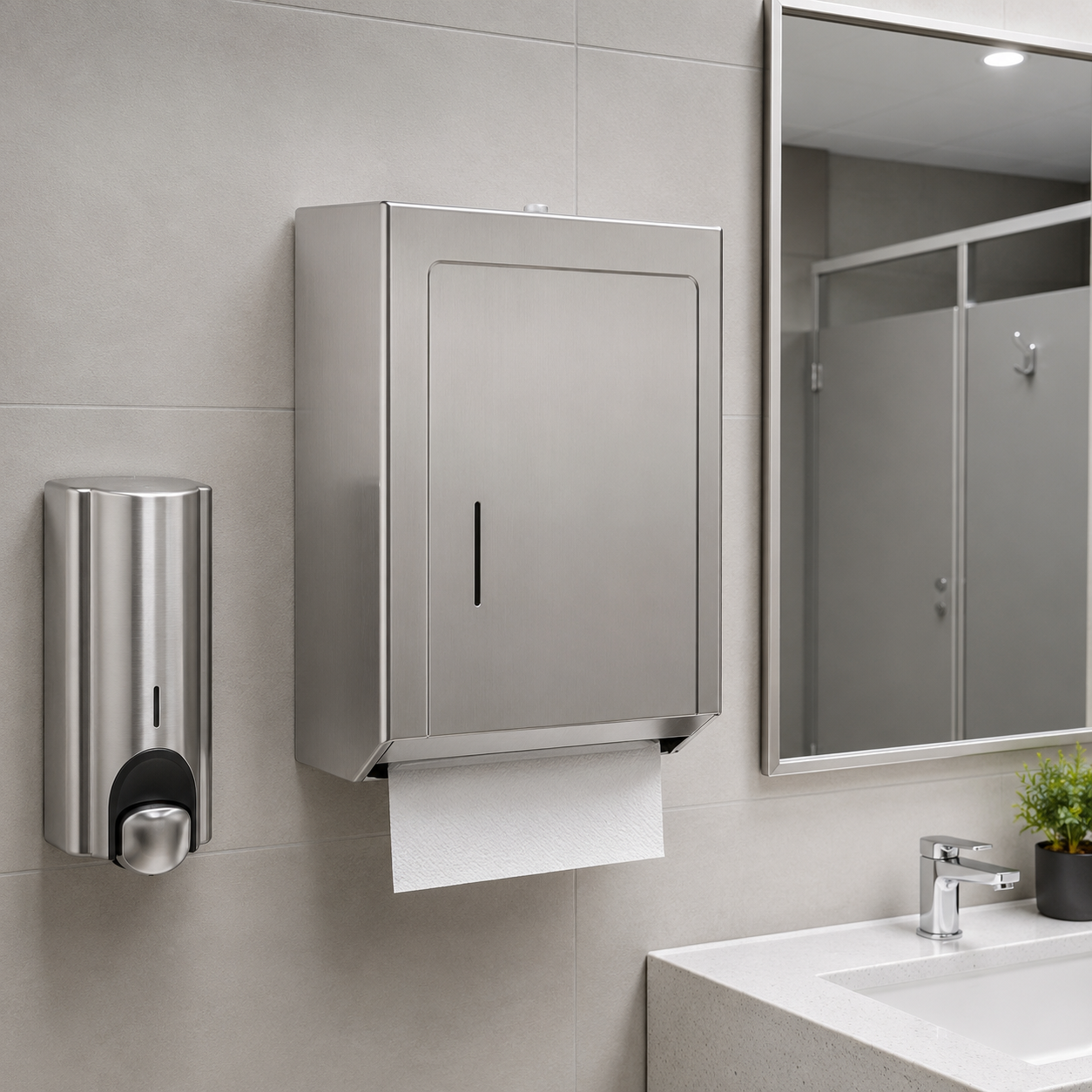 Stainless steel soap and paper towel dispenser mounted on bathroom wall beside mirror and sink.