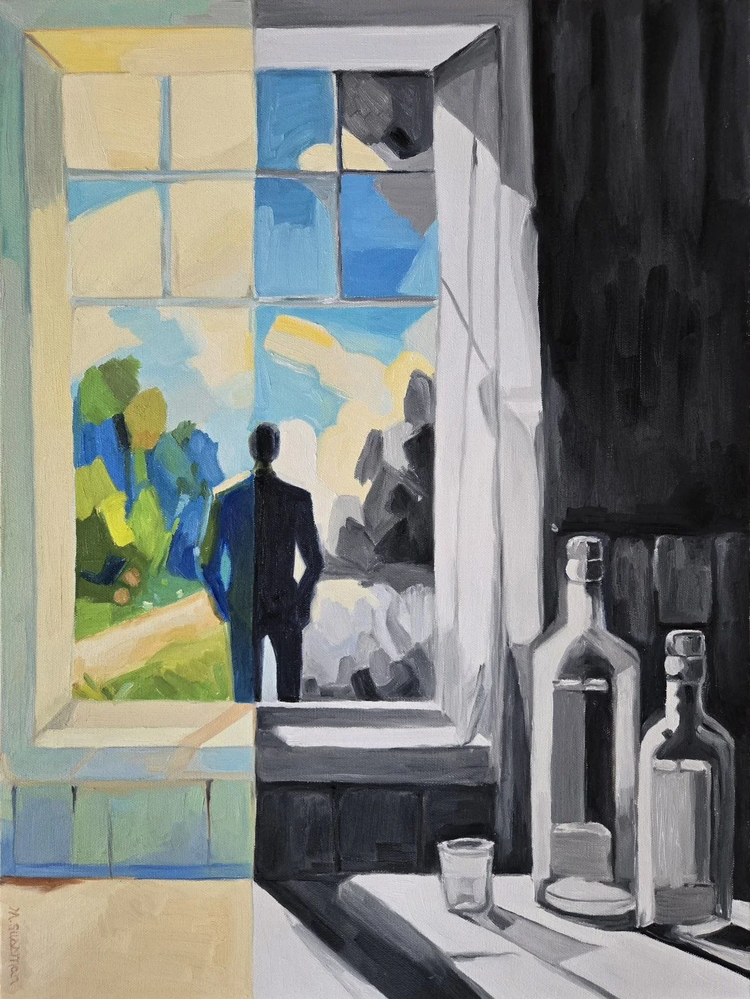Oil painting showing back view of man contemplating outside window with empty alcohol bottles left indoor.