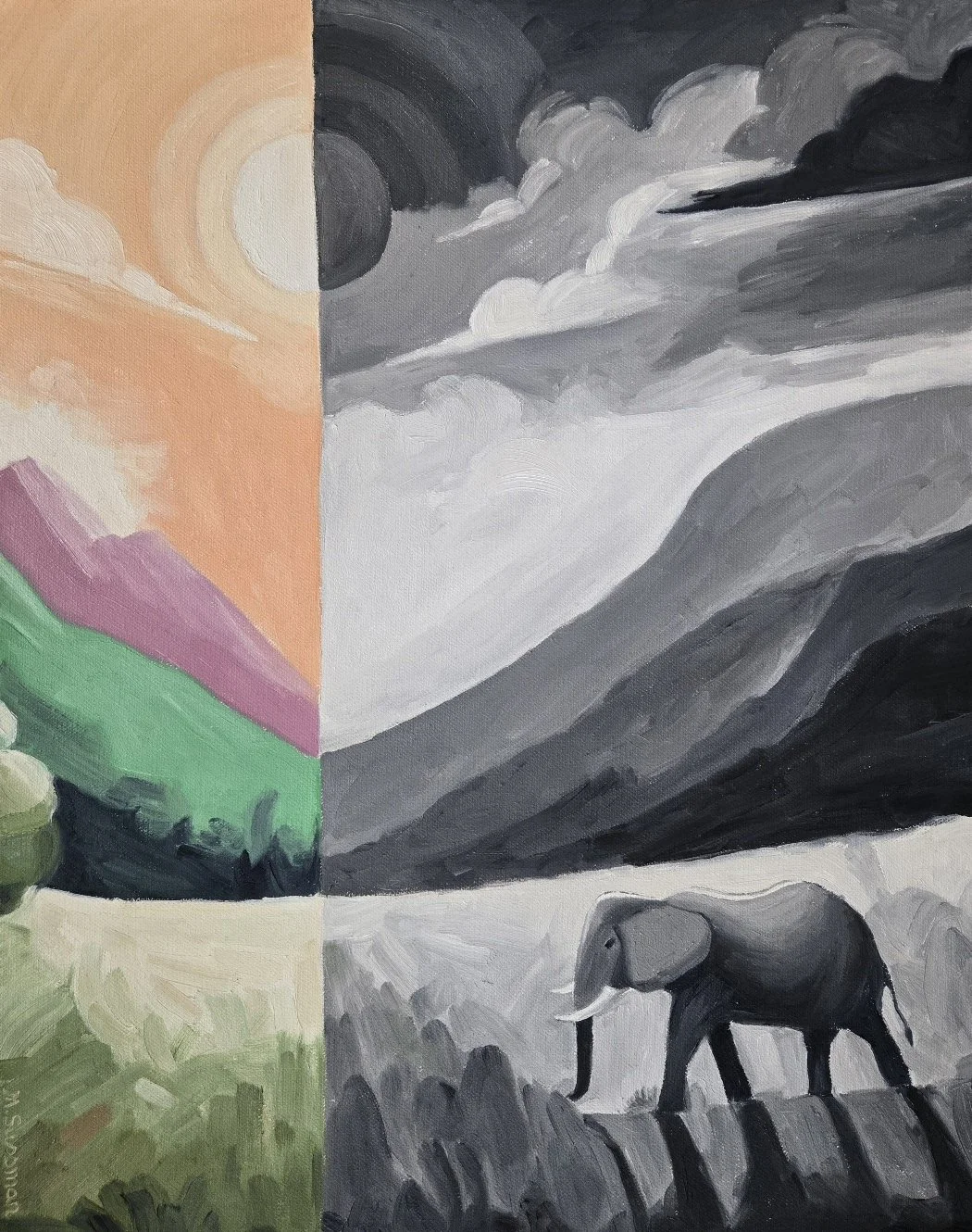 Contemporary oil painting of elephant wandering in landscape divided between black and white and colored sections