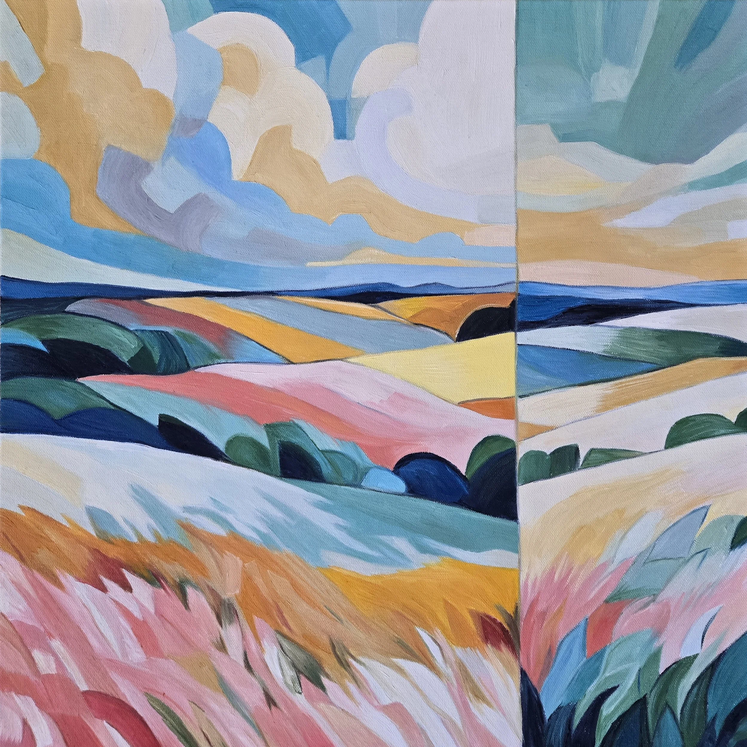 Contemporary oil painting of colorful field New Brunswick.