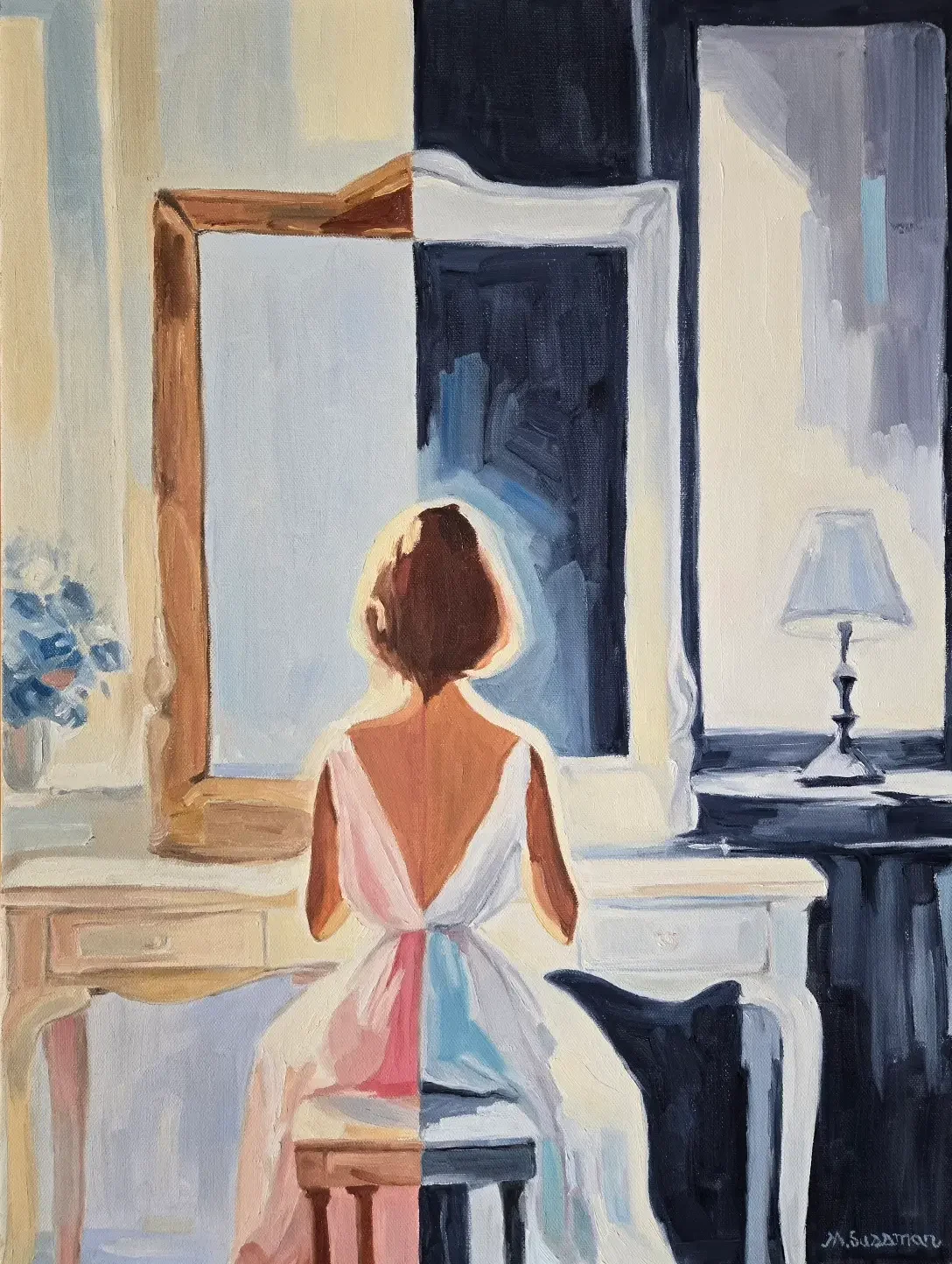 Contemporary oil painting  of  woman sitting at dressing table.