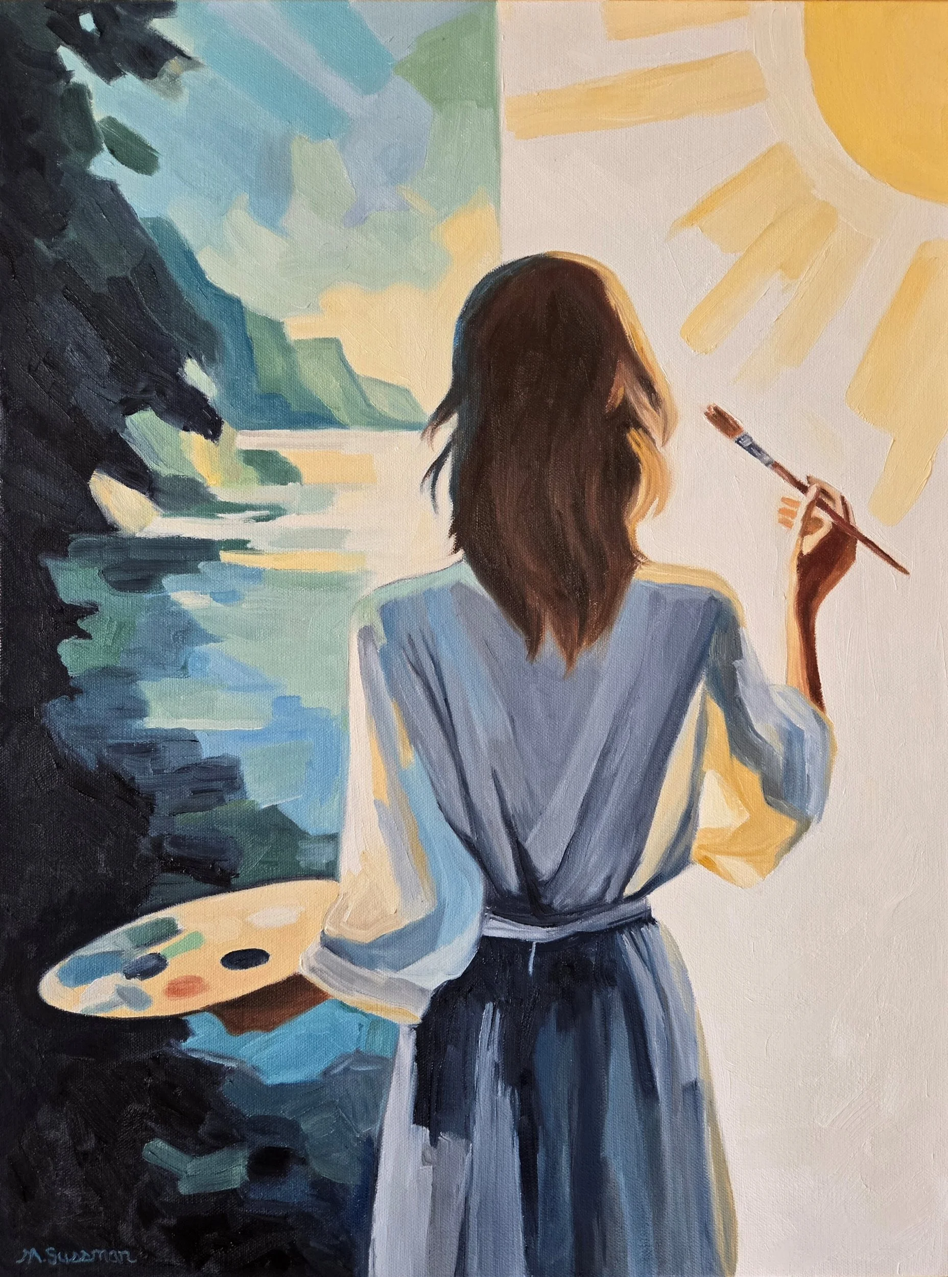 Woman artist holding a palette and paintbrush, painting scenery spit between blue mountain and sun in a contemporary oil painting.