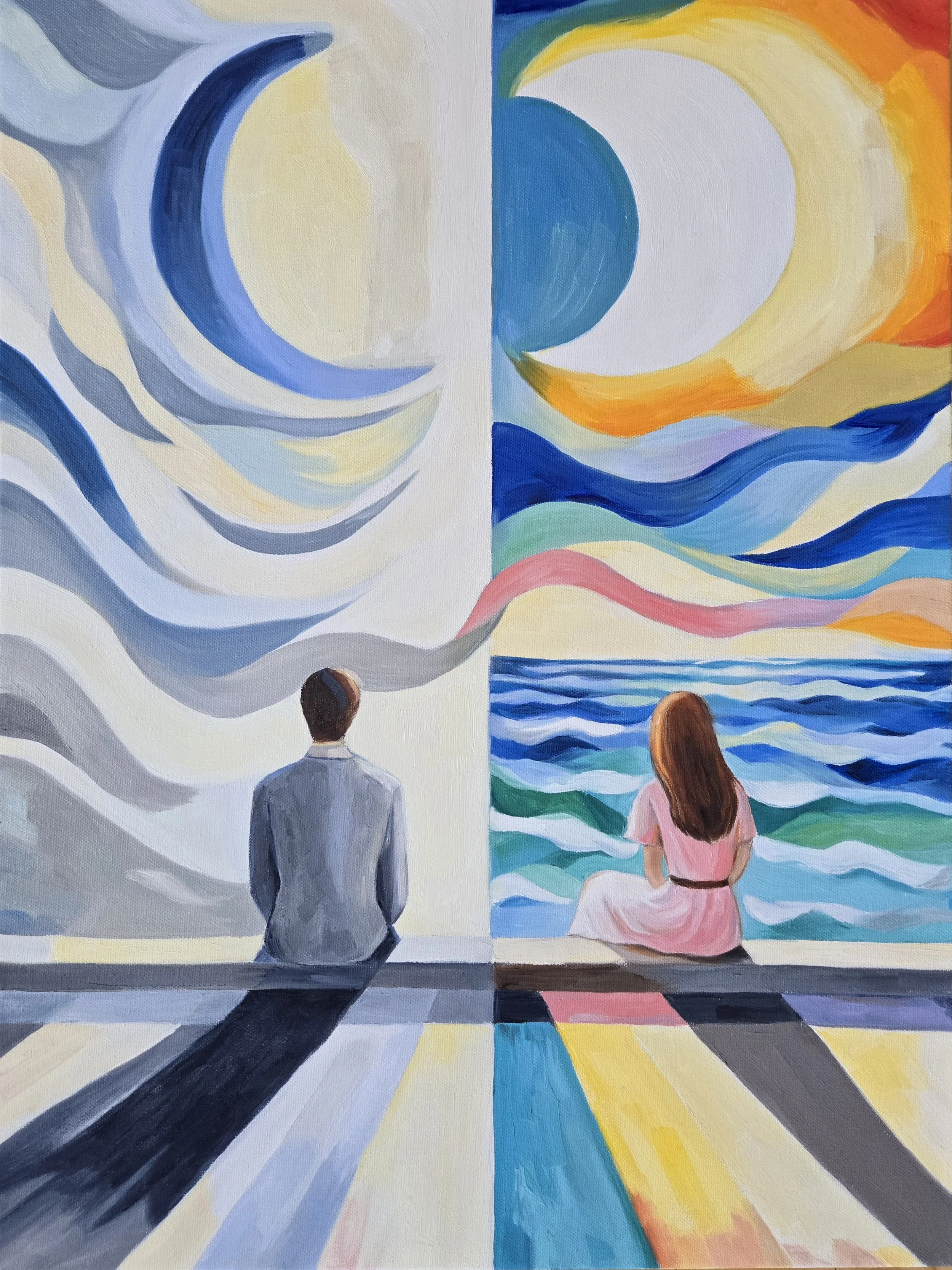 Contemporary oil painting showing the back view of a man and a woman sitting together, contemplating vast landscape.