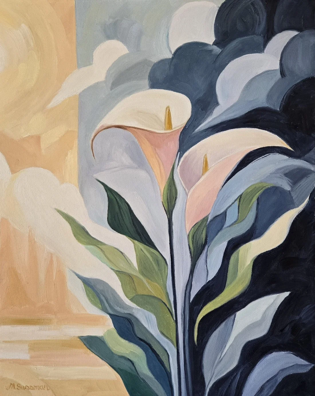 Contemporary oil painting of calla lilies in peach and blue colors.