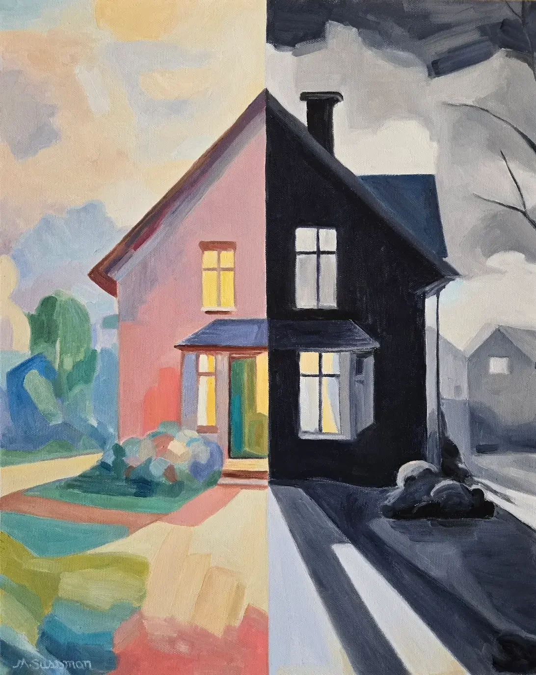 Contemporary oil painting of a house split in half, the left side depicts daytime with bright colors and the right side shows nighttime with dark tones.