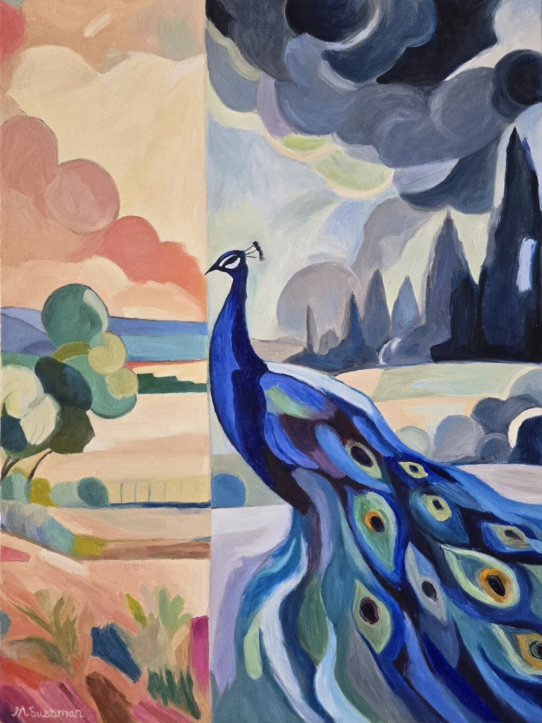Peacock in front of colorful nature scenery in a contemporary oil painting.