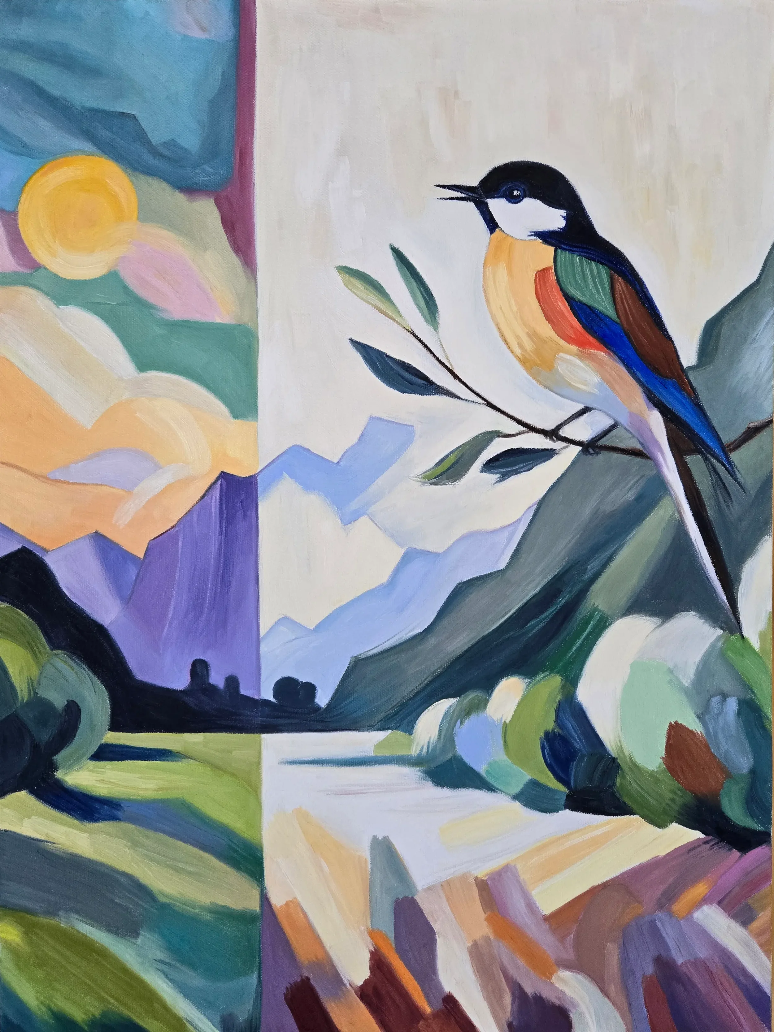 Contemporary oil painting with vibrant colors, featuring a bird with black, white, blue, green, yellow, orange, and brown feathers perched on a branch, with a multi-colored landscape background.