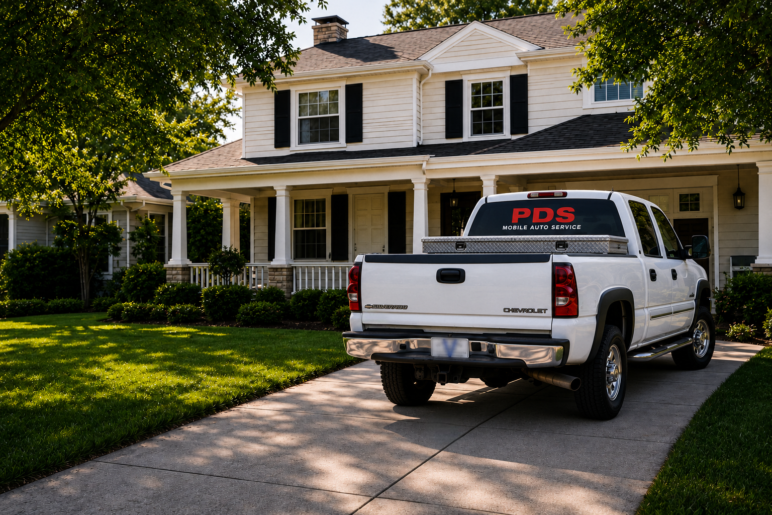 A white Chevrolet Silverado pickup truck with 'PDS Mobile Auto Service' signage on the rear window parked on a driveway in front of a two-story house