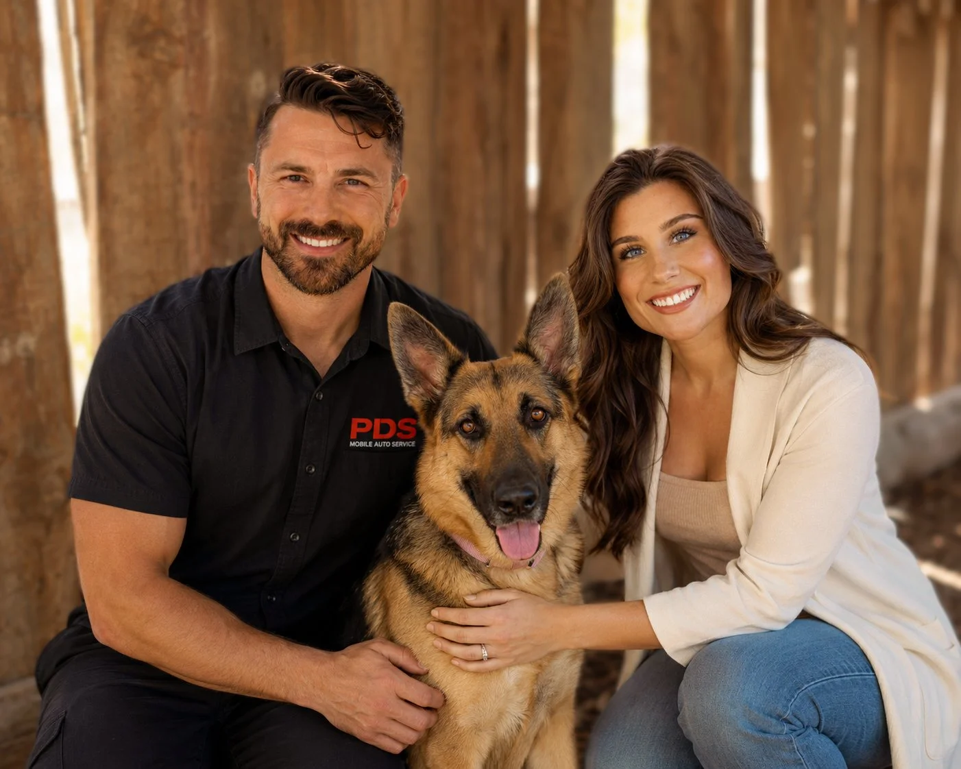 A man, woman, and dog sitting together outside in front of a wooden fence, smiling at the camera.