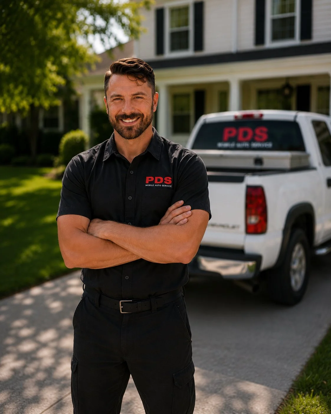 A man smiling with arms crossed, standing outside in front of a white pickup truck marked 'PDS Mobile Auto Service', on a sunny day with a house and trees in the background.