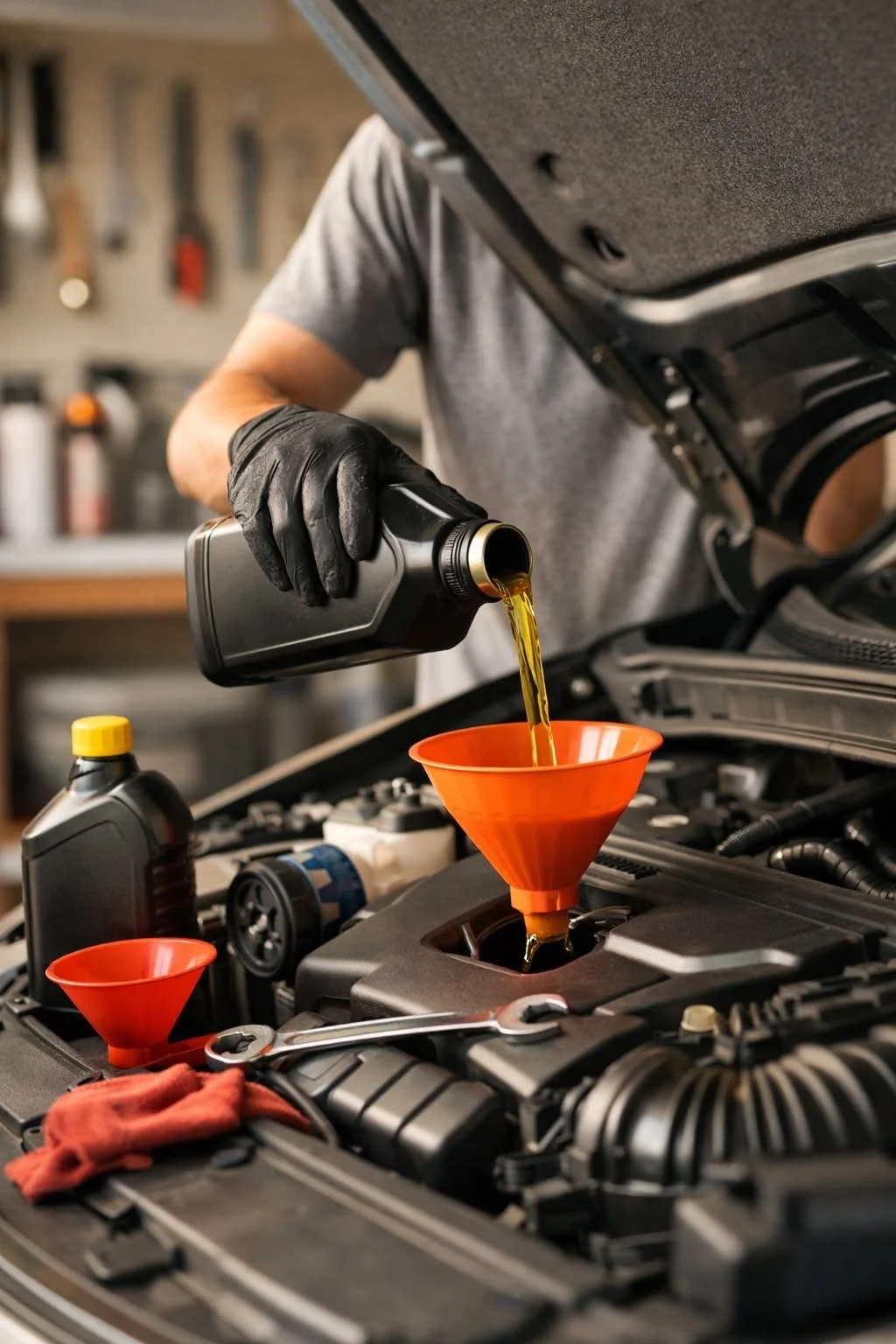 Person pouring motor oil into a car engine using a funnel in a garage.