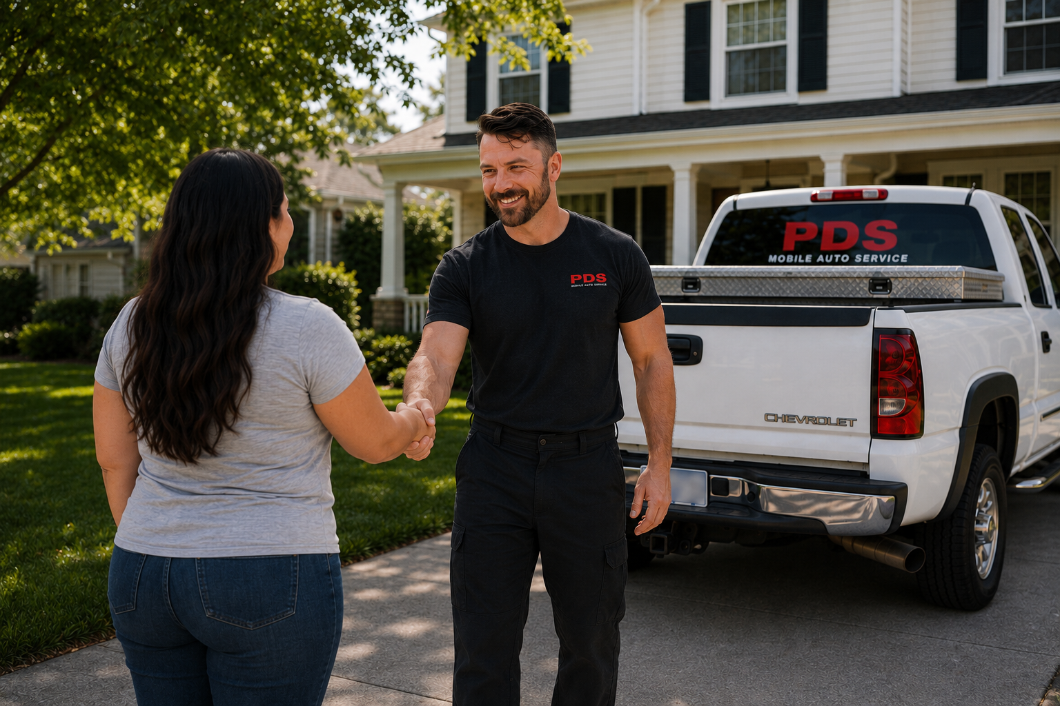 A man in a black shirt with a PDS logo shaking hands with a woman on a residential street in front of a white Chevrolet pickup truck with PDS Mobile Auto Service logos on the back window and tailgate.