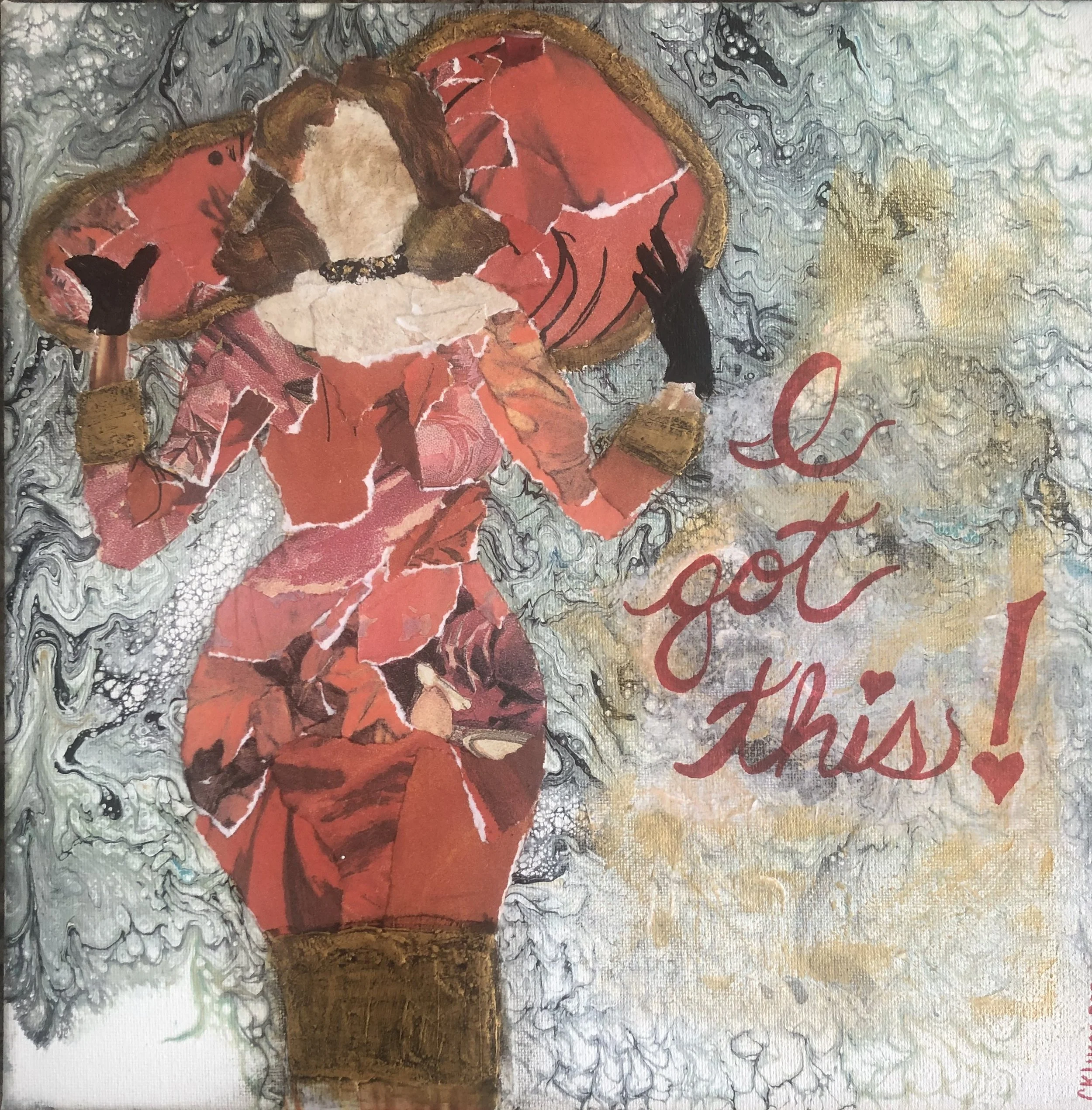 A mixed media artwork depicting a girl in a red dress sitting in a gold-framed mirror, with a swirling background of gray, black, and gold patterns. The scene includes torn paper collage elements and handwritten red cursive text.
