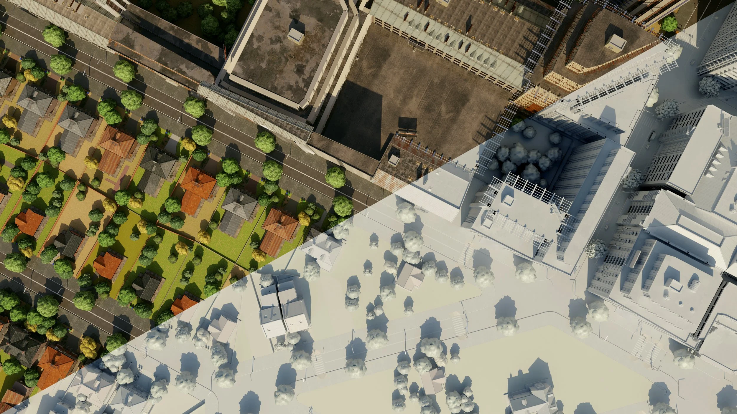 An aerial view of a city block showing a mix of residential houses with trees and apartment buildings, some under construction, with shadows cast on the buildings and streets.