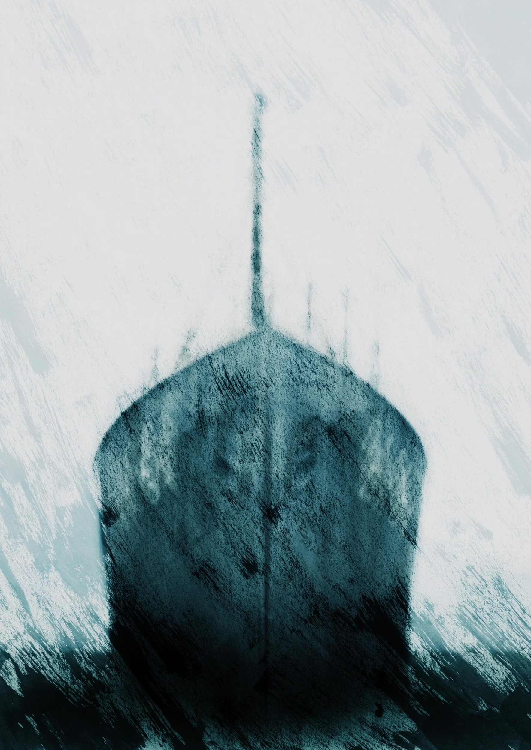 Abstract image with blending shades of white, blue, and black with textured brush strokes.