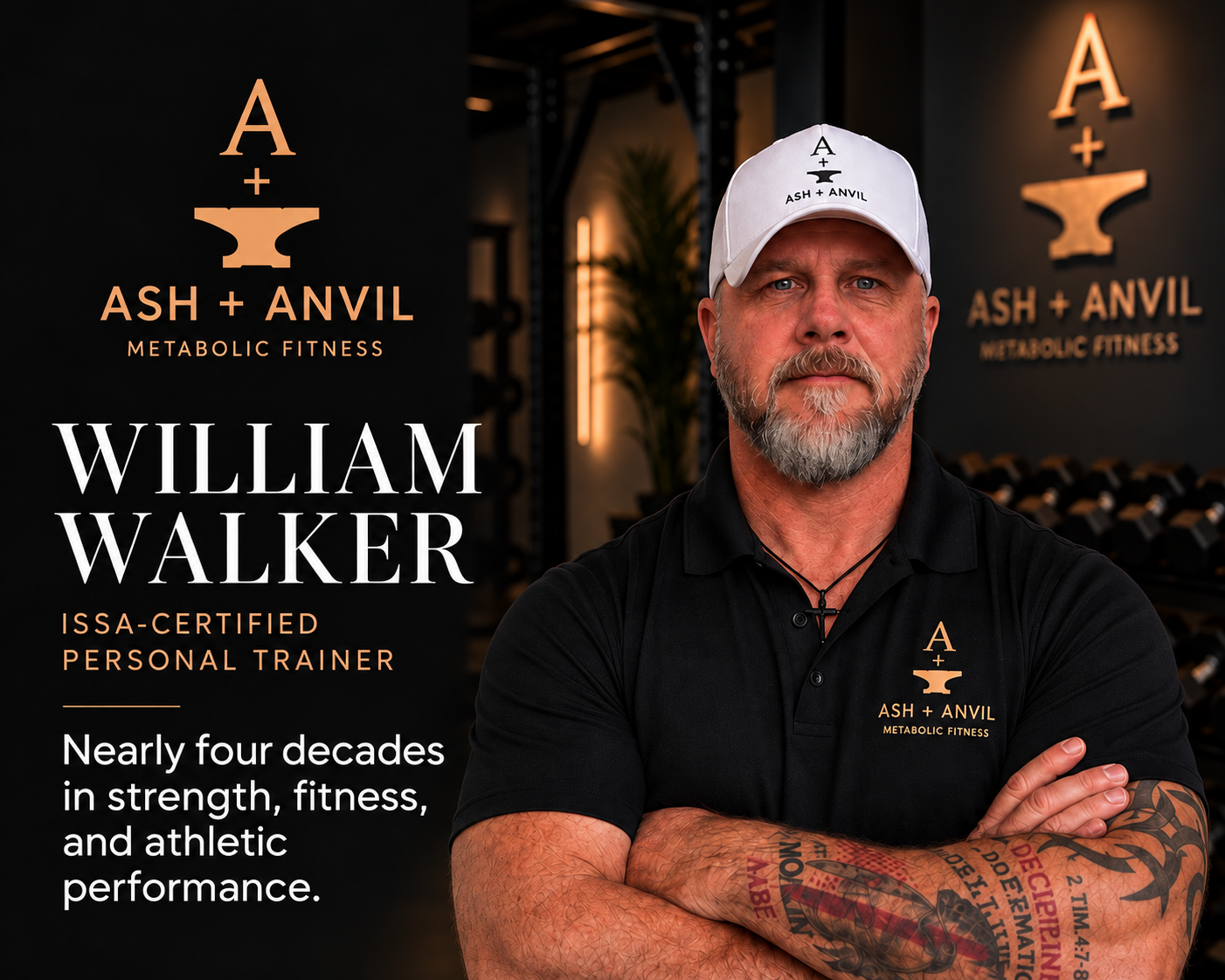 Profile of William Walker, personal trainer at Ash + Anvil Metabolic Fitness, standing inside gym with black walls and weight racks, wearing black shirt and white cap with logo, arms crossed, with tattoos on his left arm.