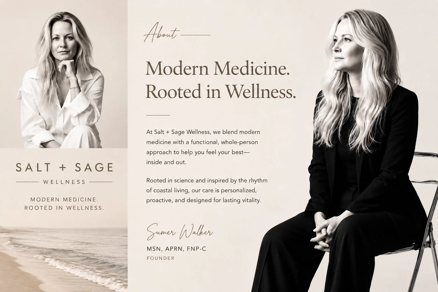 A promotional image for Salt + Sage Wellness featuring a woman with long blonde hair sitting on a chair, dressed in black, looking to the right, with a neutral background. The left side shows a portrait of the same woman in a white outfit, sitting with her hand resting near her chin. The text emphasizes modern medicine rooted in wellness, with a signature of Sumer Walker and her credentials.