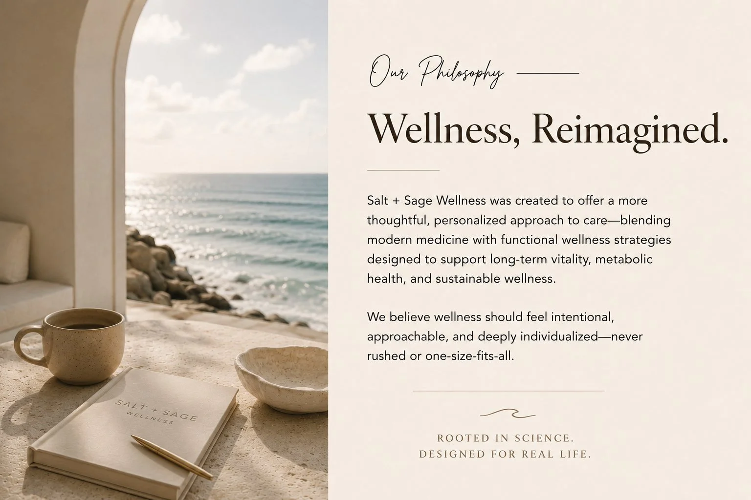 A coastal scene with a view of the ocean, rocks, and a cloudy sky through an archway, alongside a table with a coffee mug, a book titled 'Salt + Sage Wellness,' a bowl, and a pen, with an accompanying text poster about wellness philosophy.