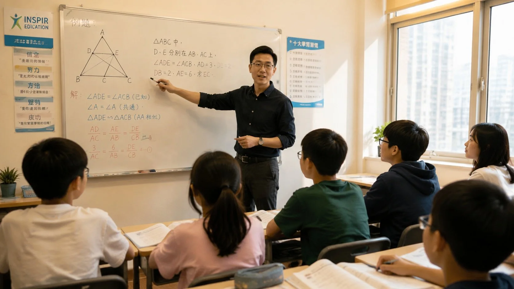 A teacher explains geometry on a whiteboard to a seated classroom of students in a brightly lit classroom with large windows.