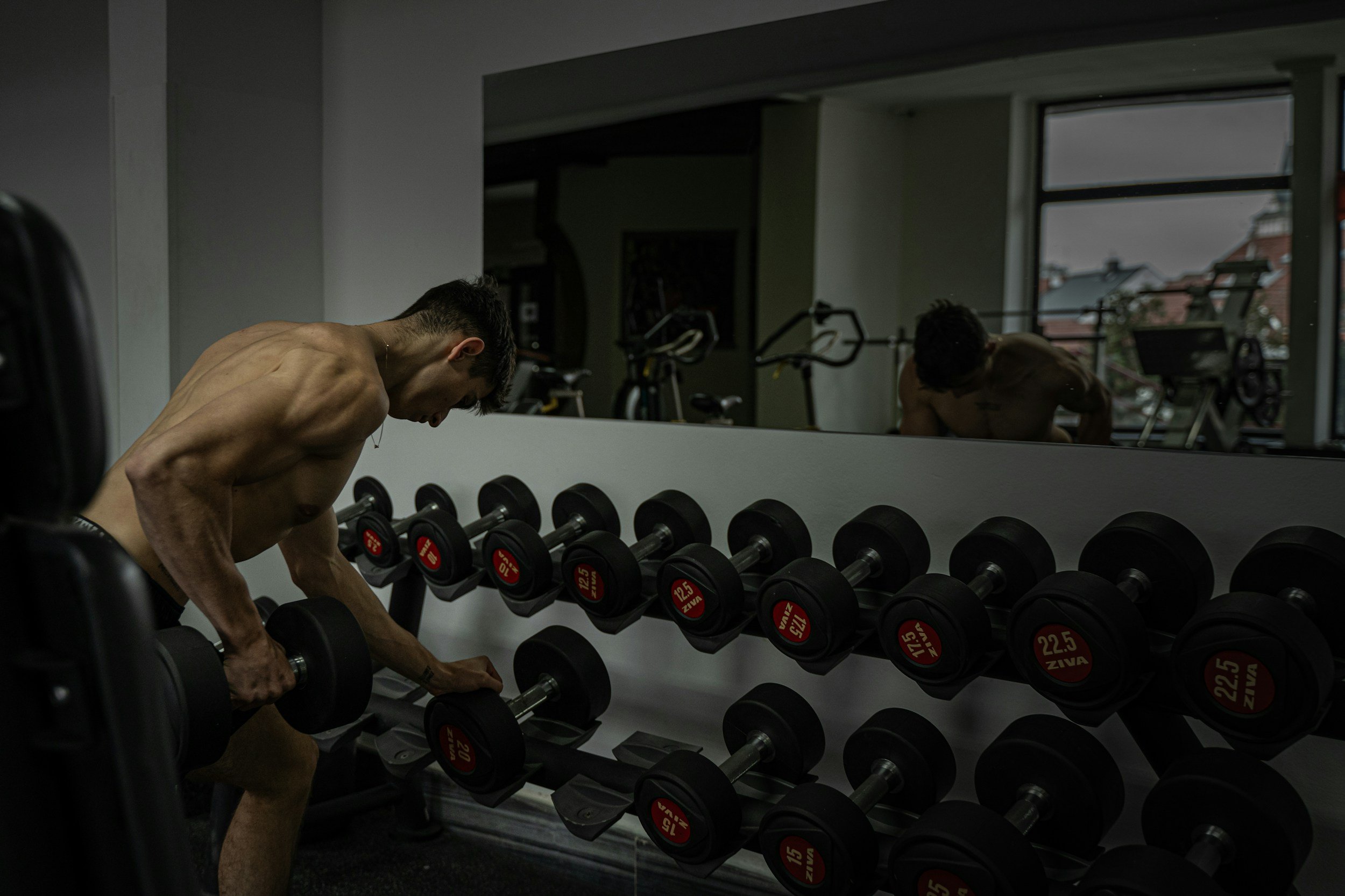 A shirtless man with dark hair working out with dumbbells in a gym, standing in front of a mirror. Exercise equipment and large windows are visible in the background.