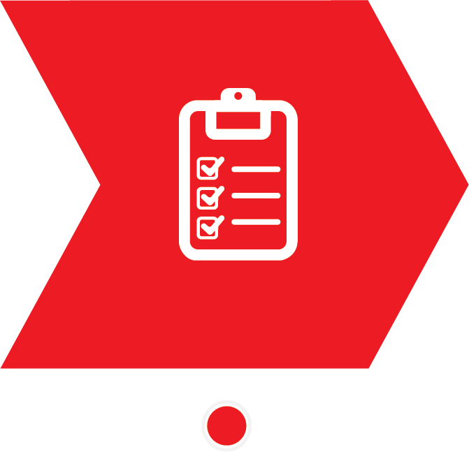 Icon of a clipboard with checkmarks on a red and black background.