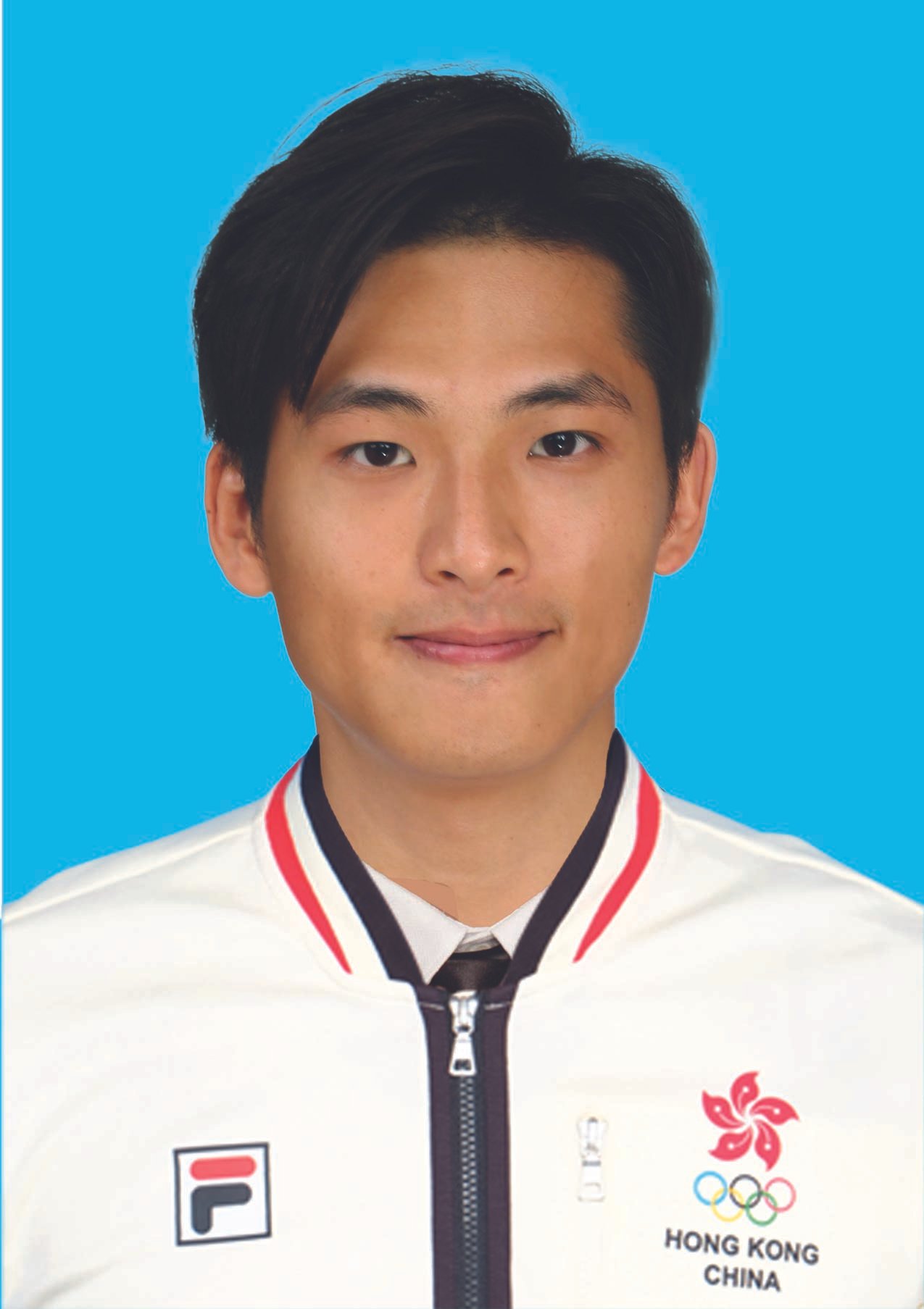 Portrait of a young athlete in a white jacket with Hong Kong and Olympic logos, standing against a blue background.