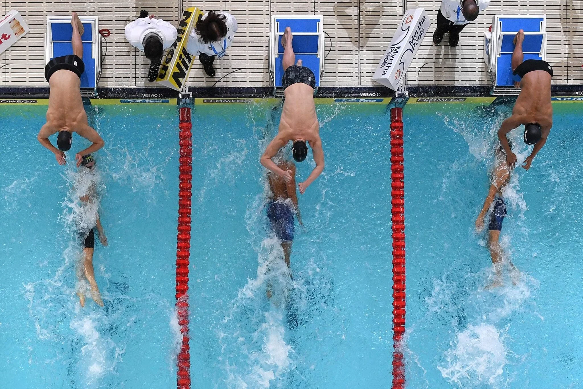 Swimmers competing in a swimming race, diving into the pool from starting blocks, with officials and poolside equipment visible.
