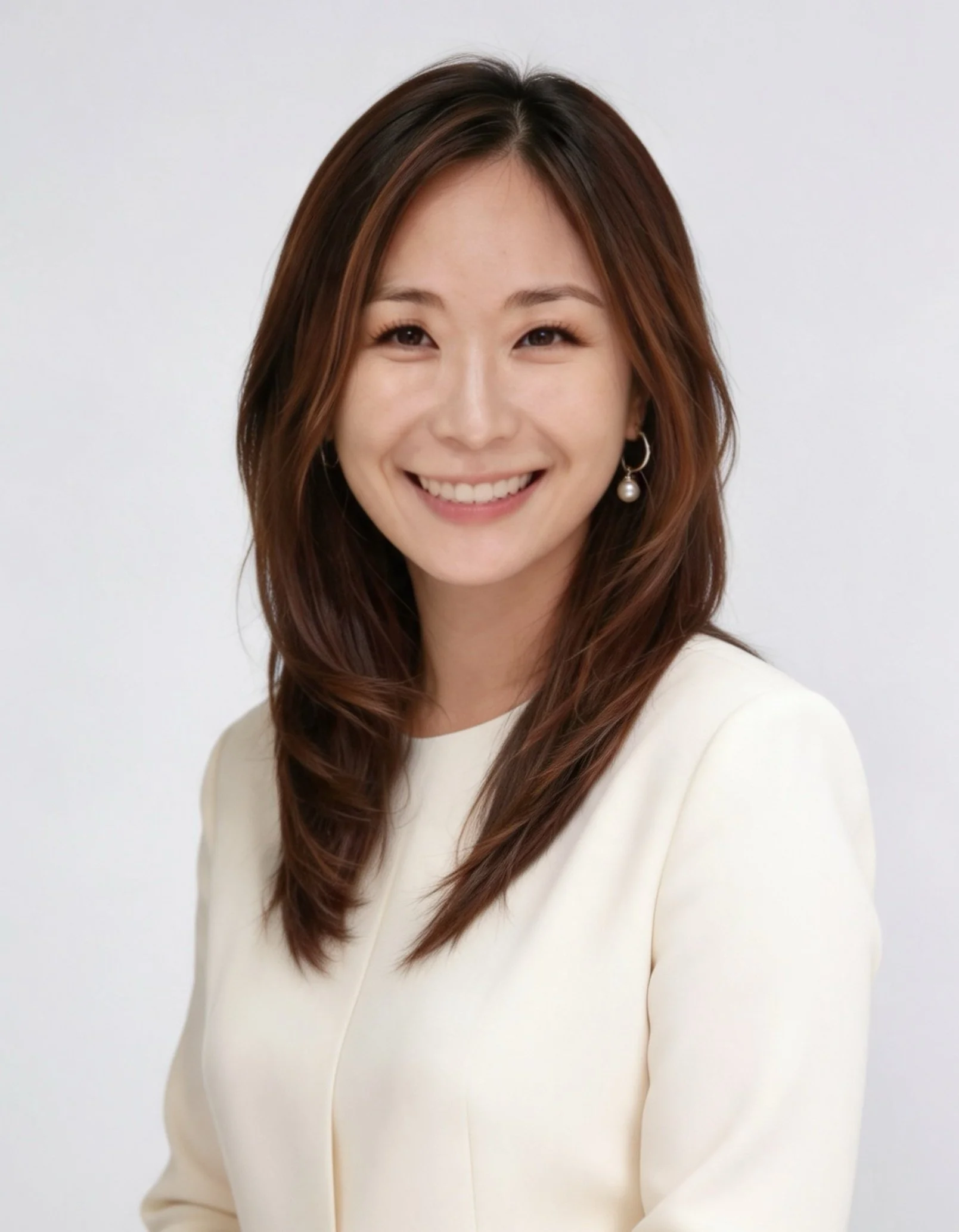 A smiling woman with wavy brown hair, wearing pearl earrings and a white outfit, against a plain white background.
