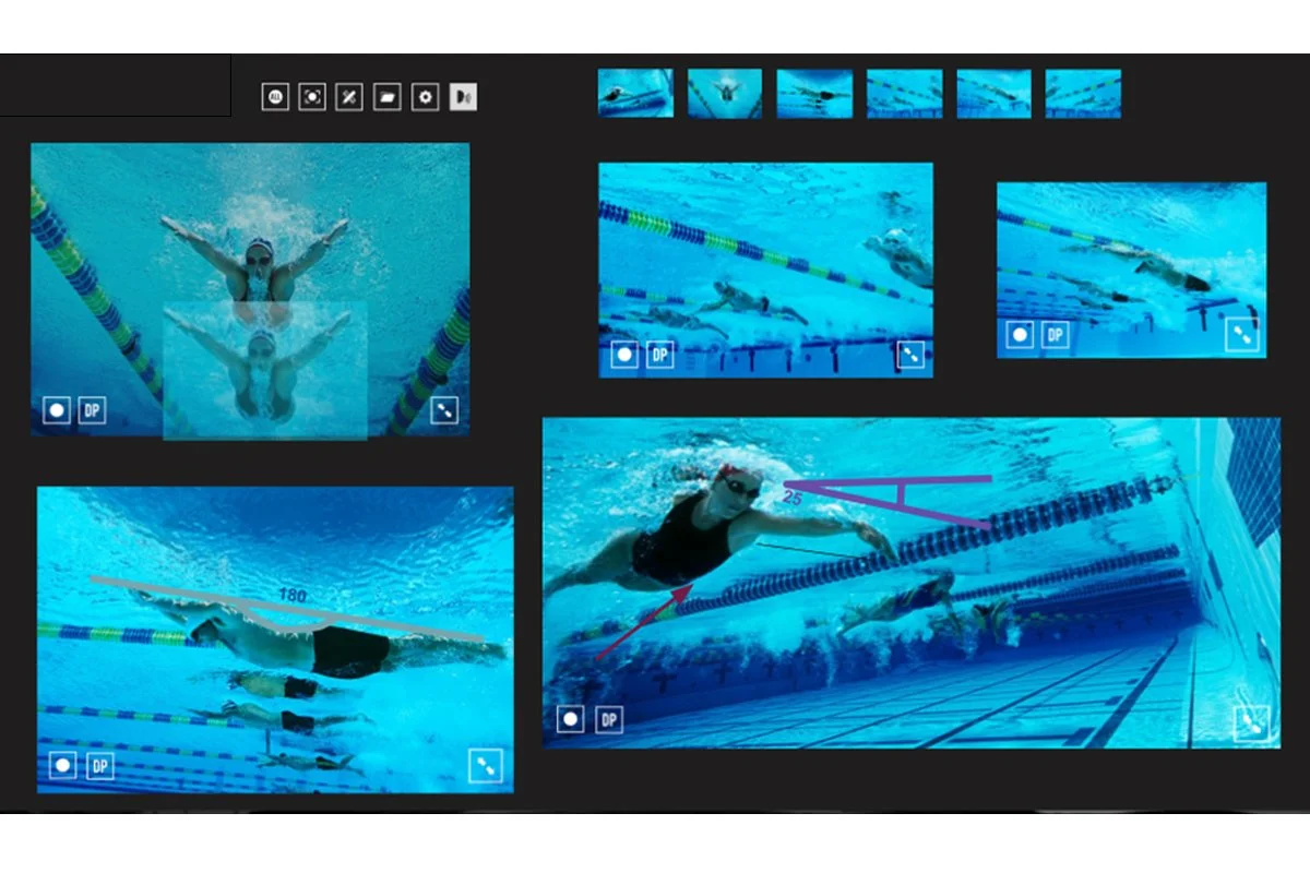 Screenshots of a swimming training session showing various underwater and above water images of swimmers practicing a butterfly stroke in a swimming pool, with annotations showing swimming distance and technique details.