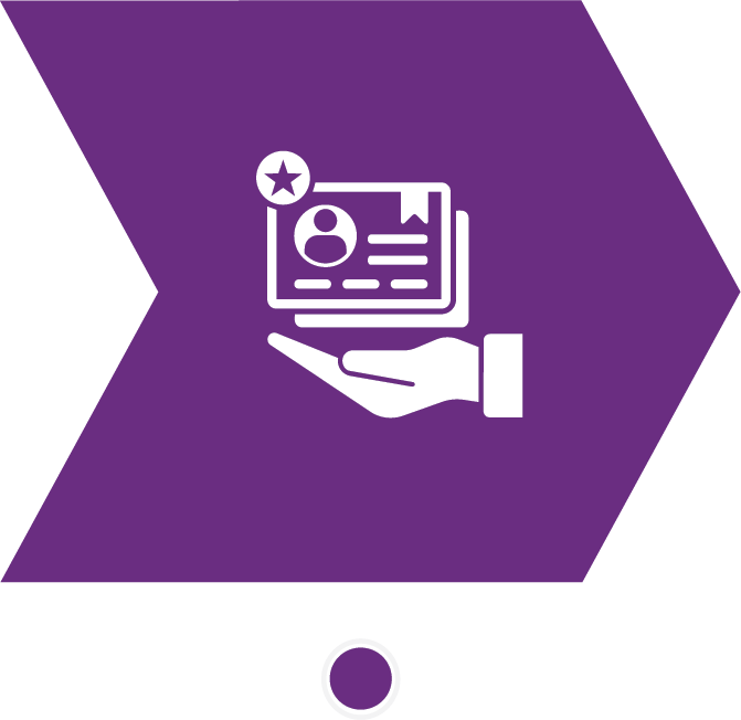 Icon of a hand holding an identification card with a star, user profile, and text lines on a purple background