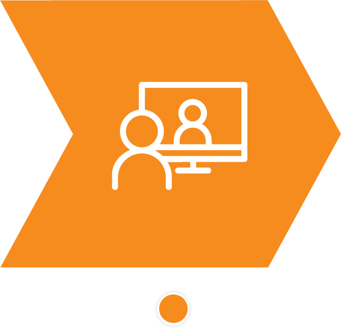 Icon of a person on a video call with another person displayed on a computer screen, set against an orange background.