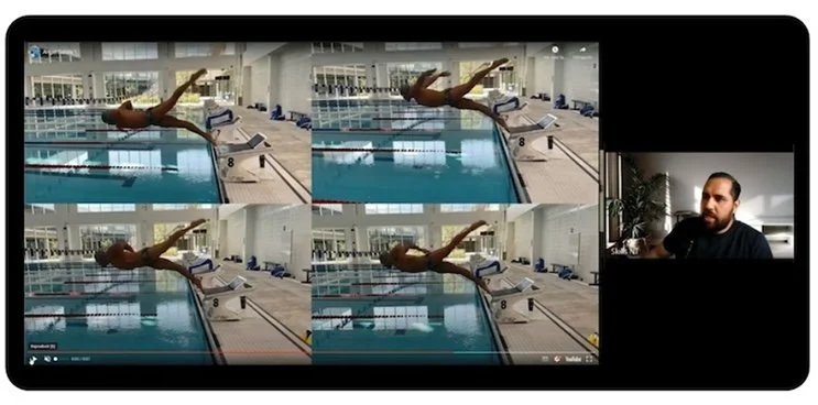 A computer screen displaying a swimming training video with four identical shots of a swimmer diving into a pool, and a small video window showing a man speaking.
