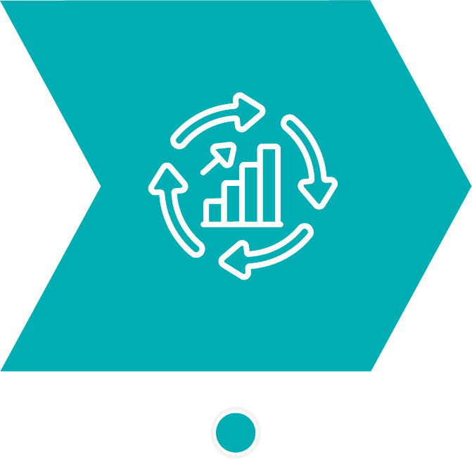 Icon of a bar chart with an upward arrow, surrounded by circular arrows, indicating growth or cycle.