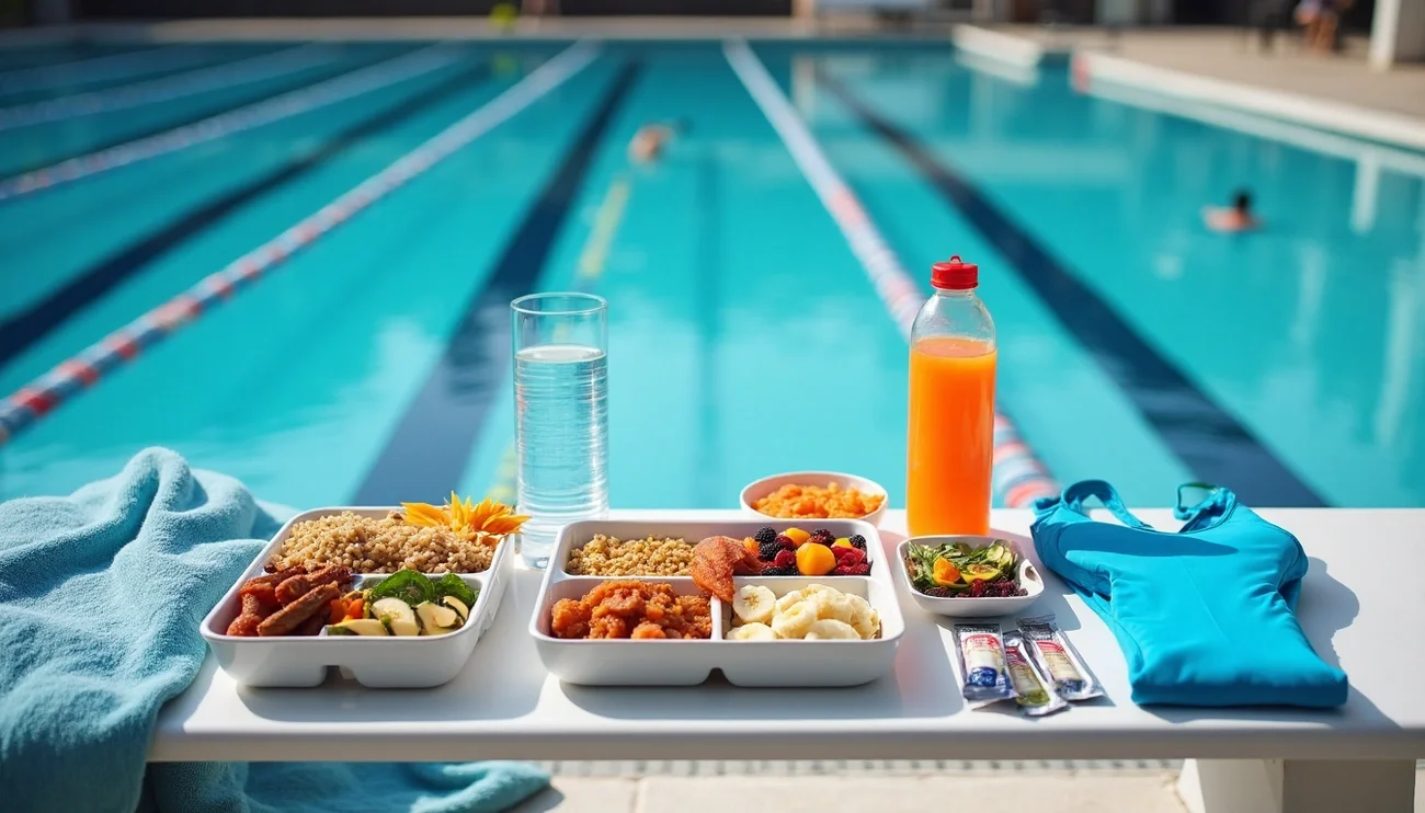 Swimming poolside breakfast with juice, water, and food containers at an outdoor pool.