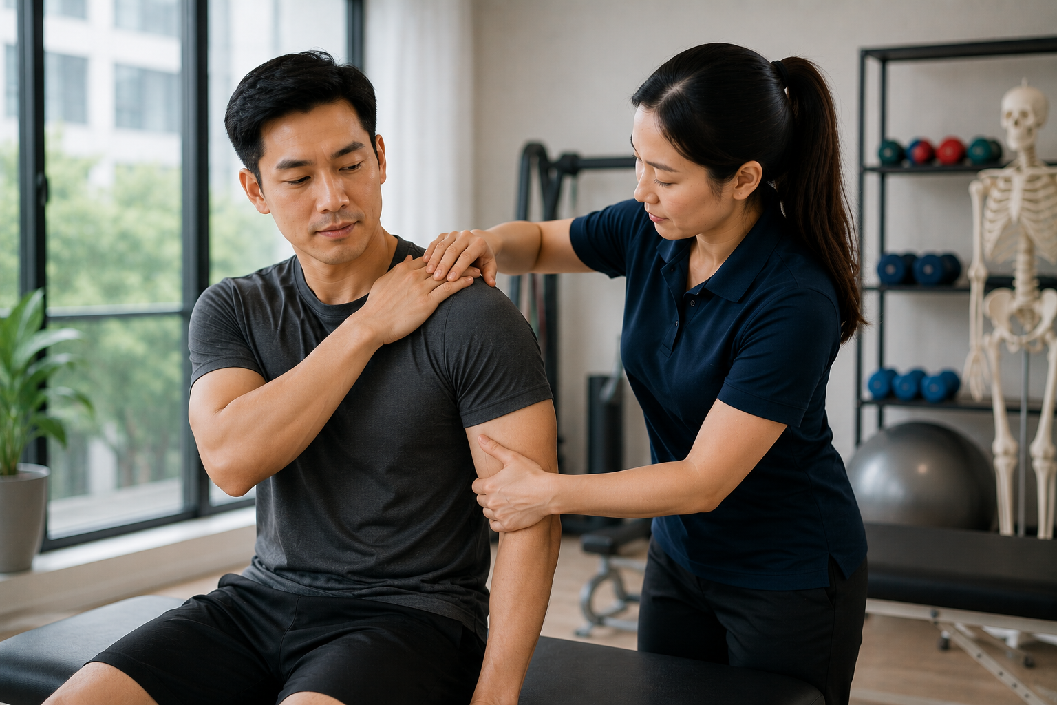 A physical therapist examines a man's shoulder while he sits on an examination table in a physiotherapy clinic. The man looks at his shoulder and the therapist touches his arm to assess mobility.