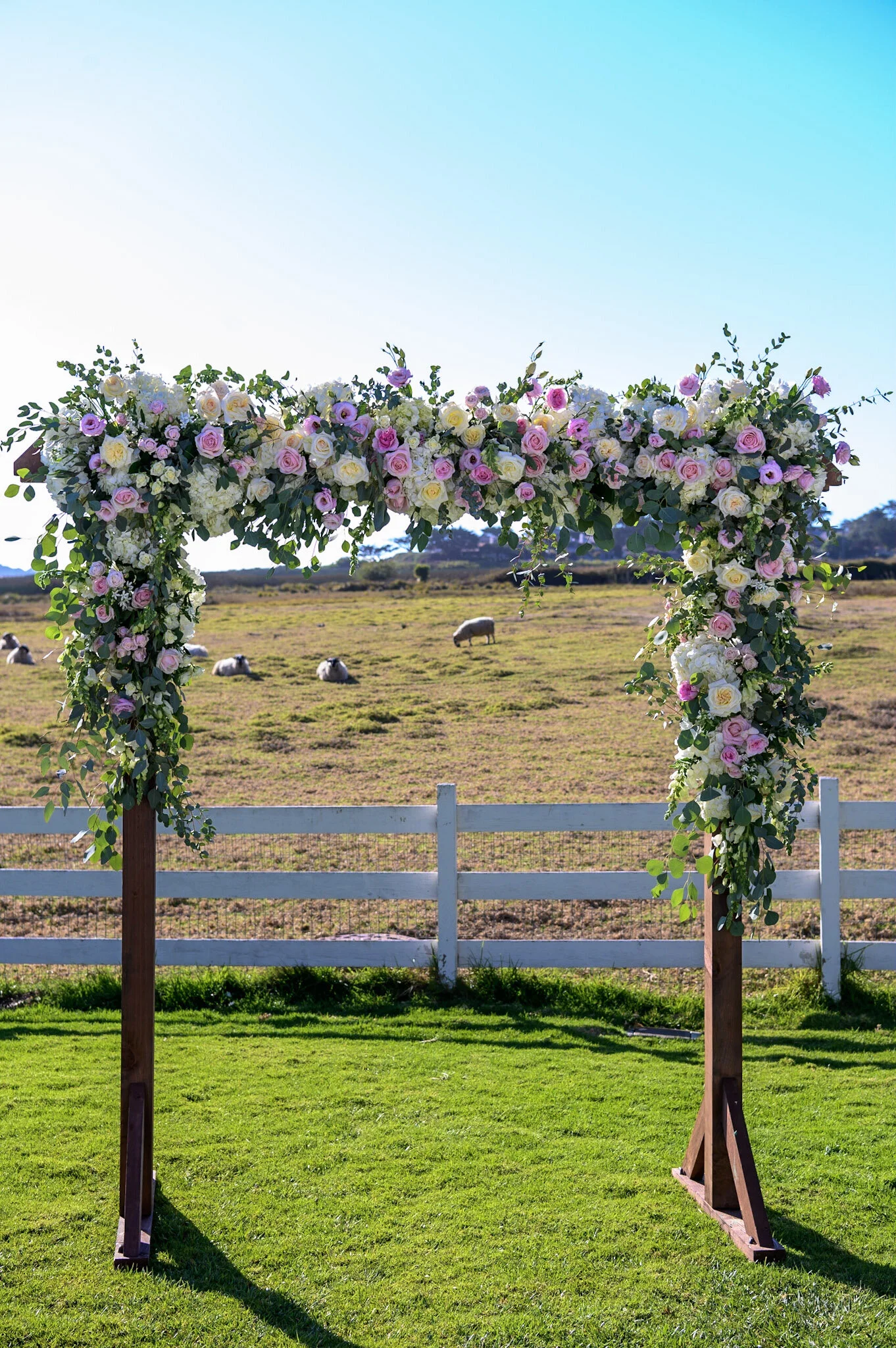 A floral archway decorated with pink, white, and purple roses and greenery, set against a rural landscape with a white fence, green grass, and sheep in the background under a clear blue sky.