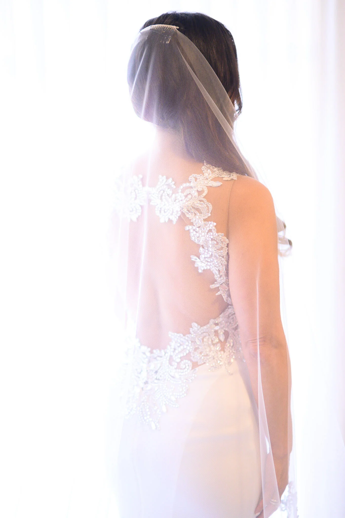 Back view of a woman in a wedding dress with intricate lace and embroidery, wearing a veil, standing in front of a bright light.