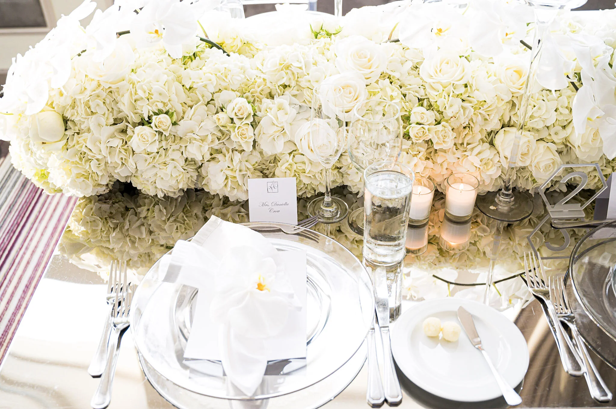 A table decorated with white flowers, including roses, orchids, and hydrangeas, with candles, glassware, and place cards for a formal event or wedding reception.