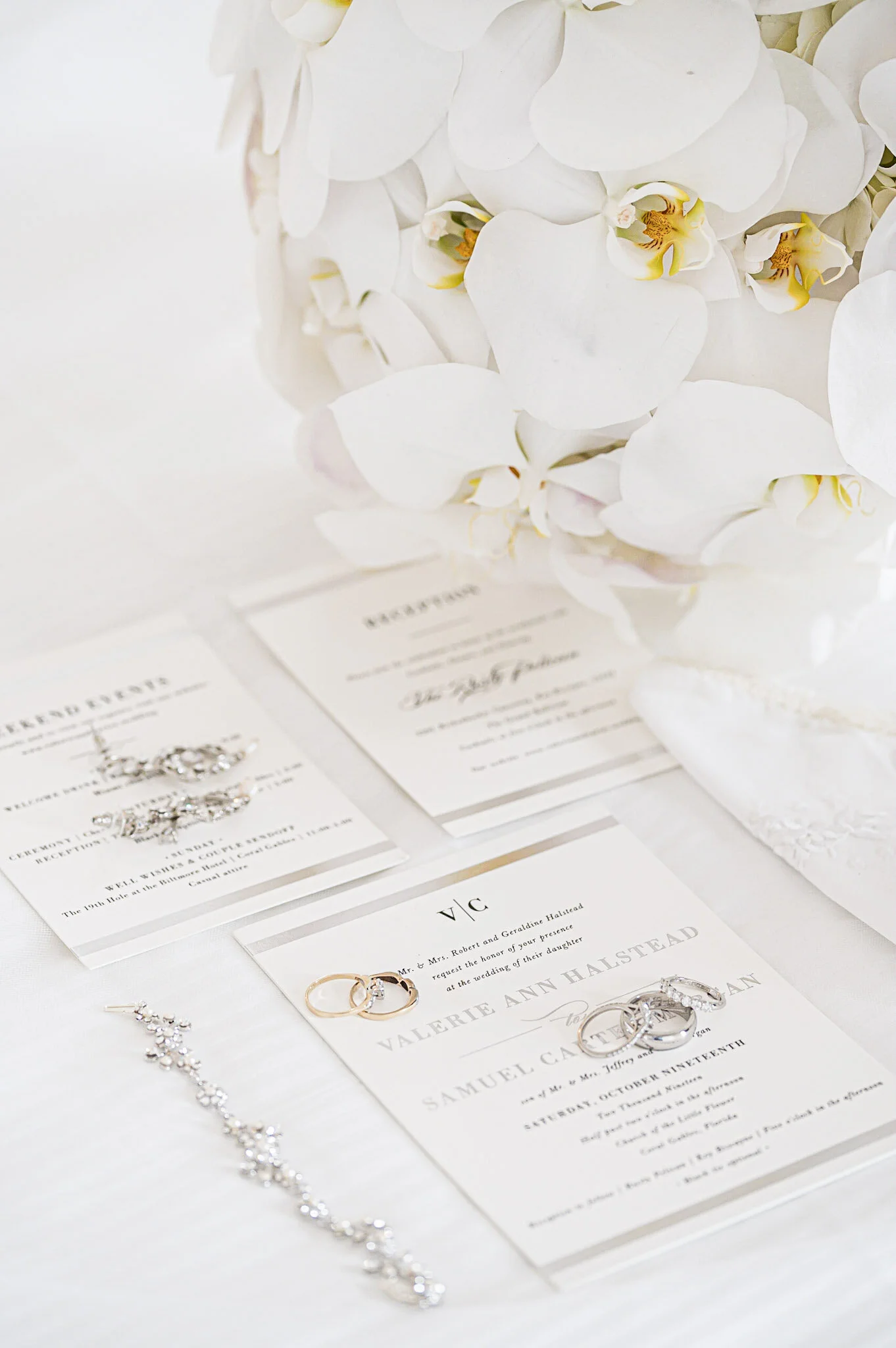Close-up of a wedding invitation card with elegant fonts, surrounded by jewelry including rings, a bracelet, and earrings, on a white surface. A centerpiece of white orchids decorates the background.