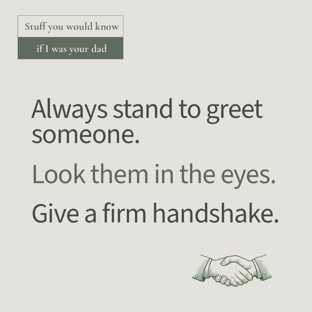 This illustration encourages timeless etiquette by reminding readers to stand when greeting someone, make eye contact, and offer a firm handshake. Practical advice on communication, confidence, respect, and everyday manners.