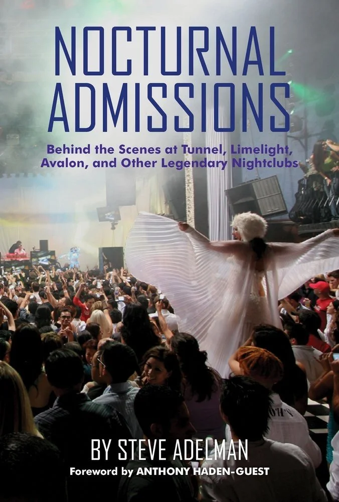 Book cover titled "Nocturnal Admissions" with a photo of a crowded nightclub scene, including a performer on stage with arms outstretched wearing flowing attire, and a DJ booth with a DJ in the background.