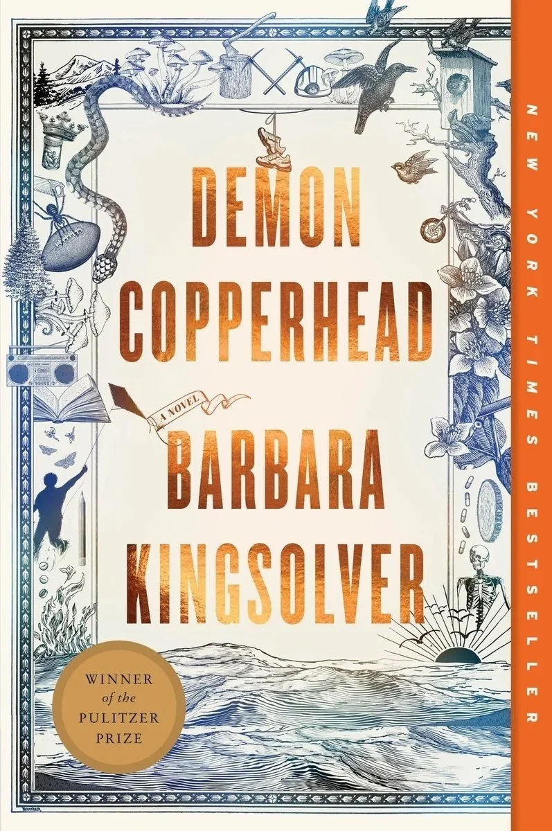 Cover of the novel "Demon Copperhead" by Barbara Kingsolver, featuring illustrations of various objects and scenes including birds, a snake, a skeleton, a sunrise over water, a bicycle, and plants, with the author's name prominently displayed.